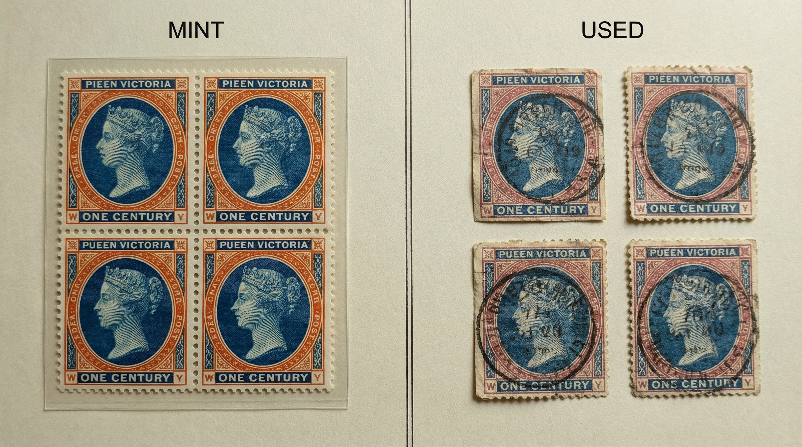 Stamp condition comparison showing mint versus used stamps