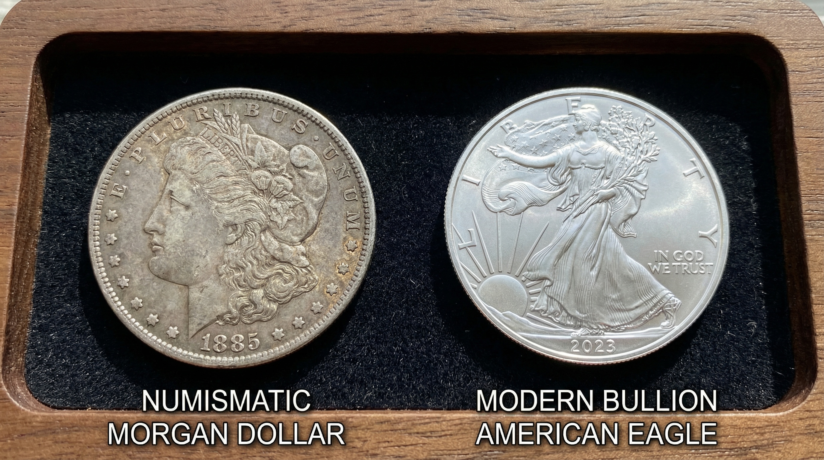 side by side comparison of numismatic Morgan silver dollar and modern bullion American Eagle coin
