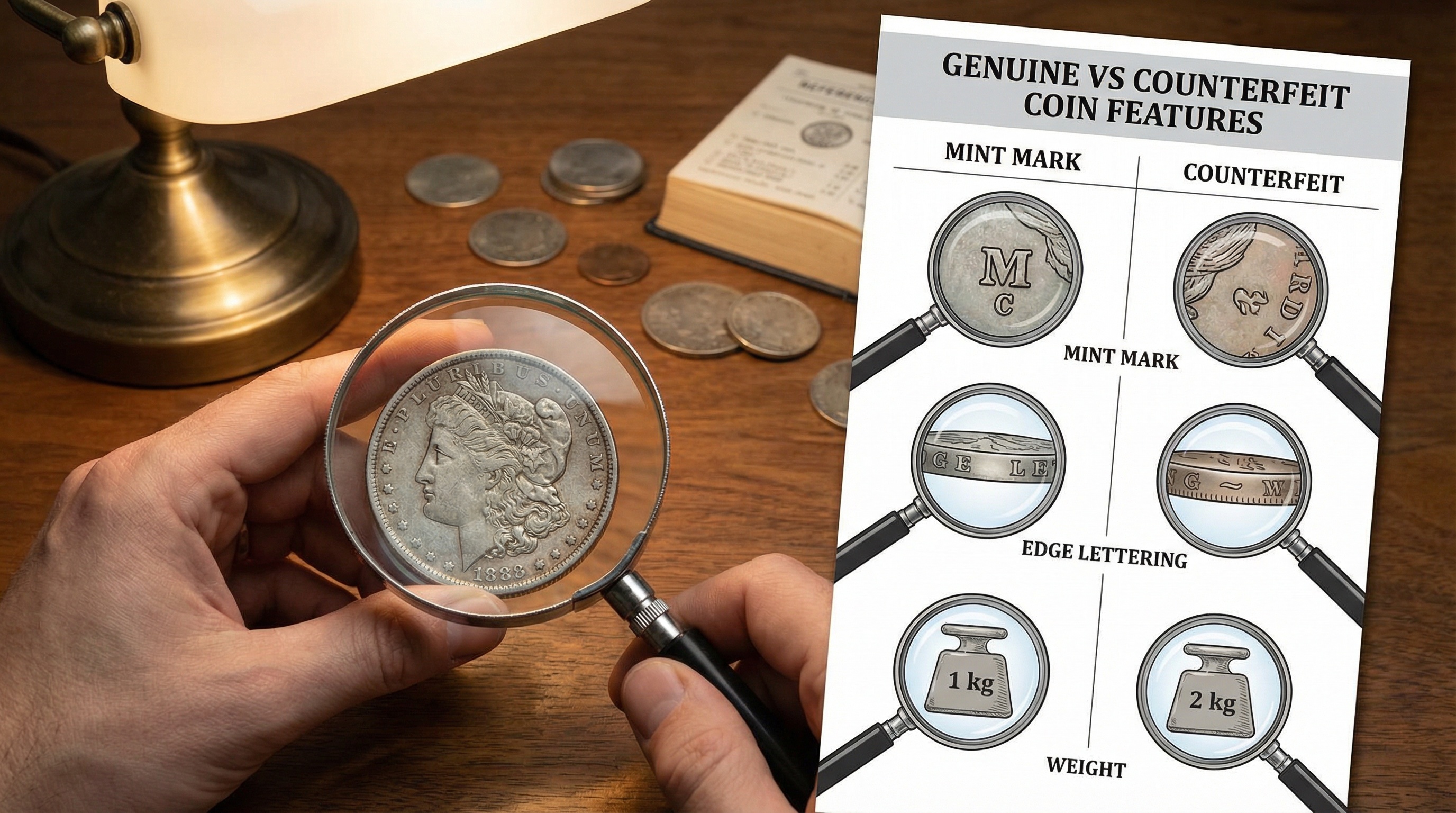 magnifying glass examining coin details with comparison chart showing genuine vs counterfeit features