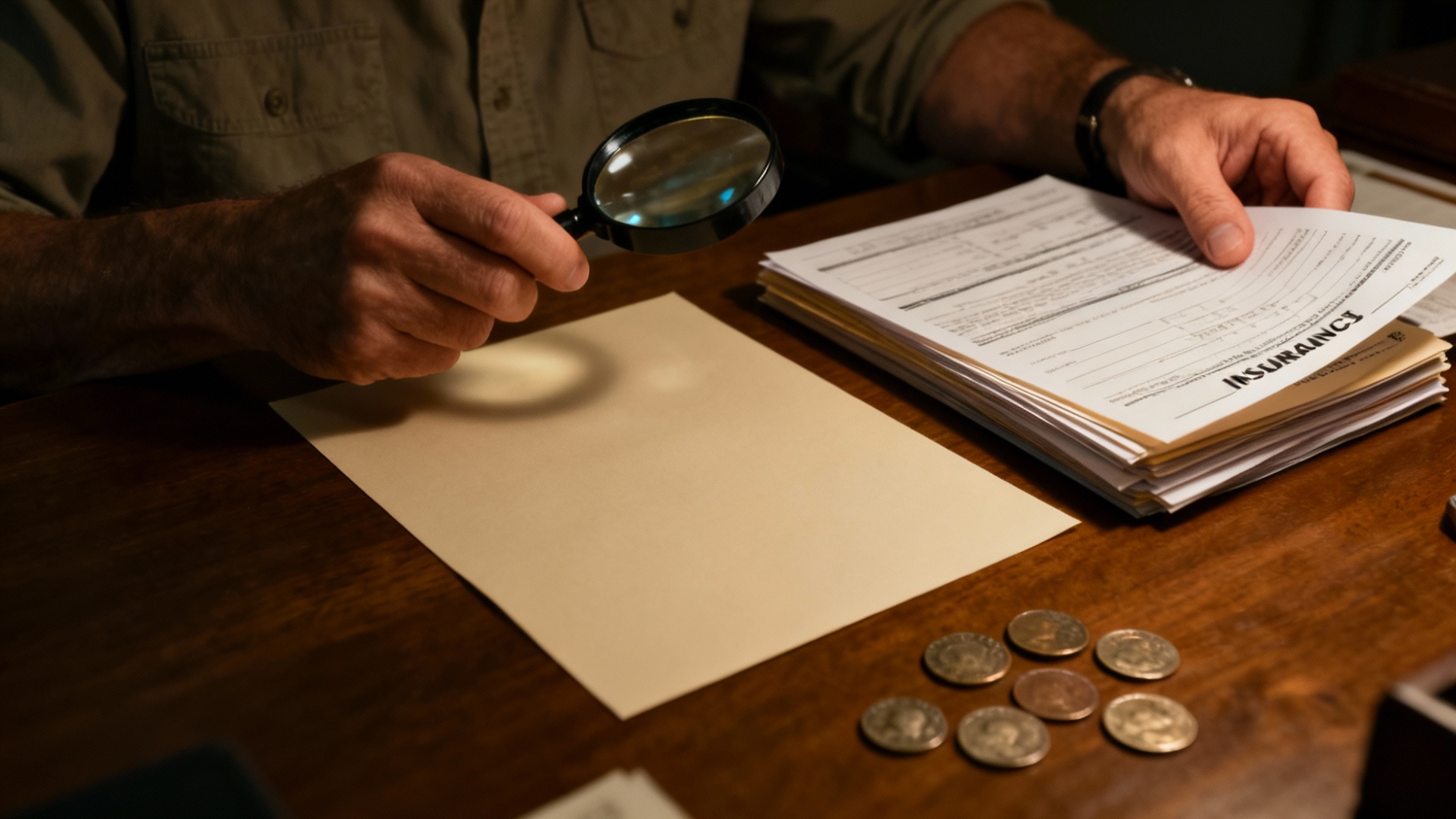 Coin collector reviewing appraisal documents and insurance papers