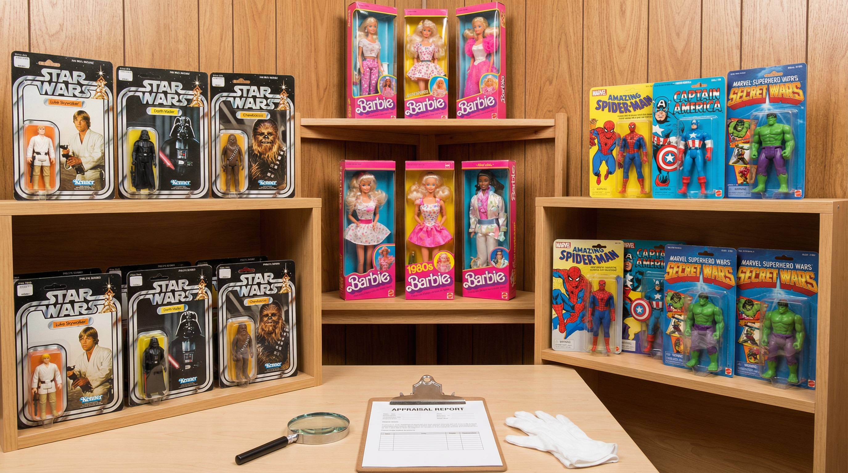 Vintage toy collection with Star Wars, Barbie and Marvel figures arranged for appraisal