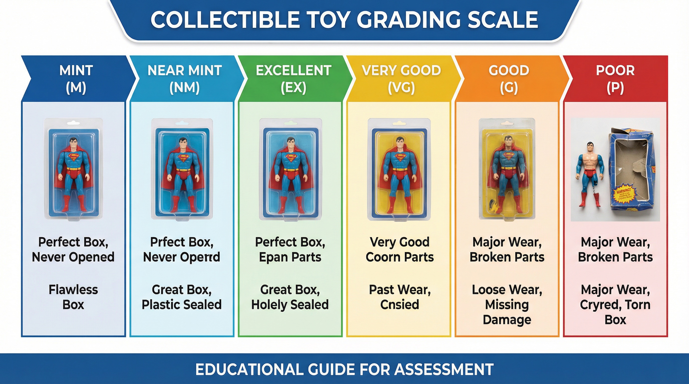 Professional toy grading scale showing examples from mint to poor condition