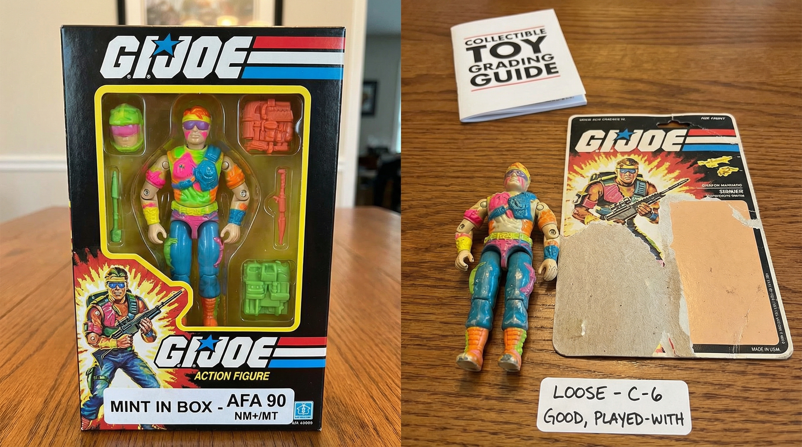Comparison of mint-in-box vs loose vintage action figures showing condition differences