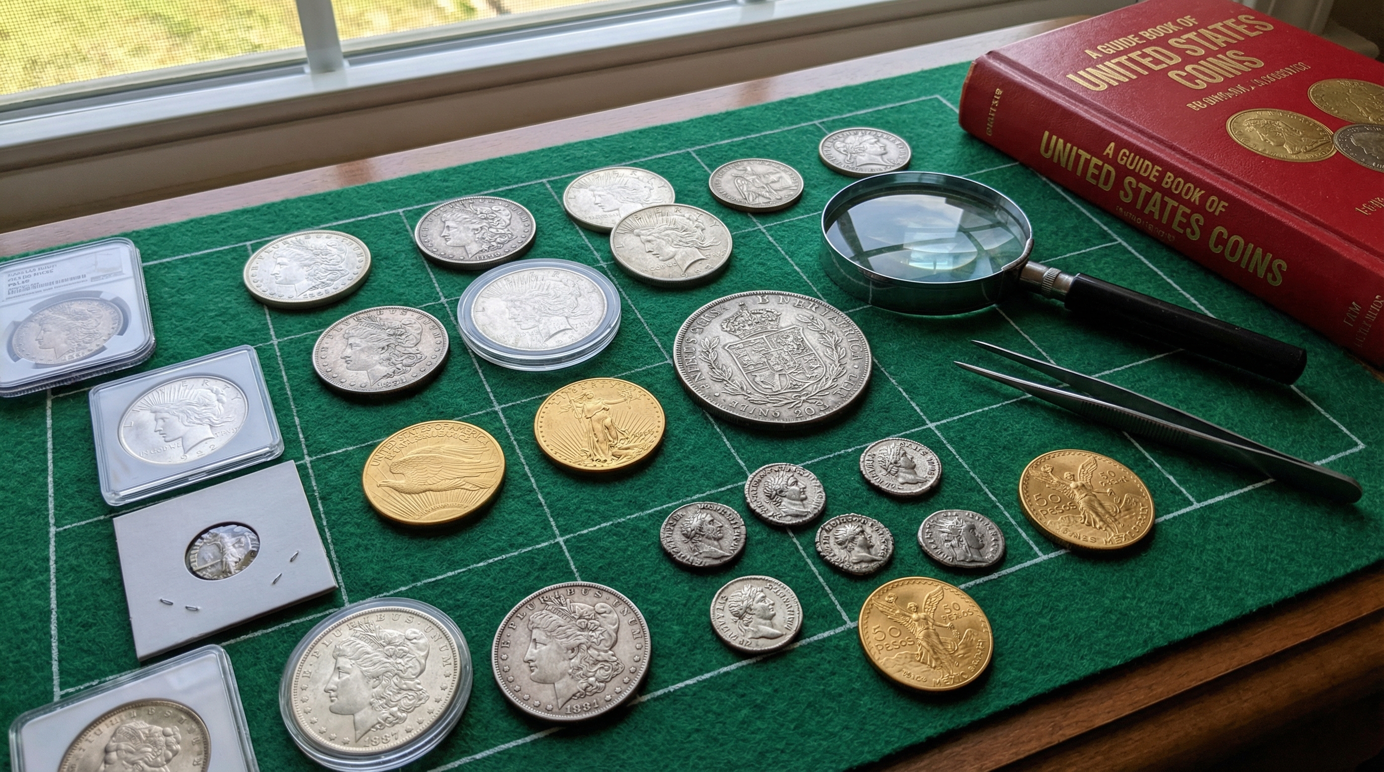 Collection of various valuable coins including silver dollars, gold pieces, and foreign currency arranged on evaluation mat