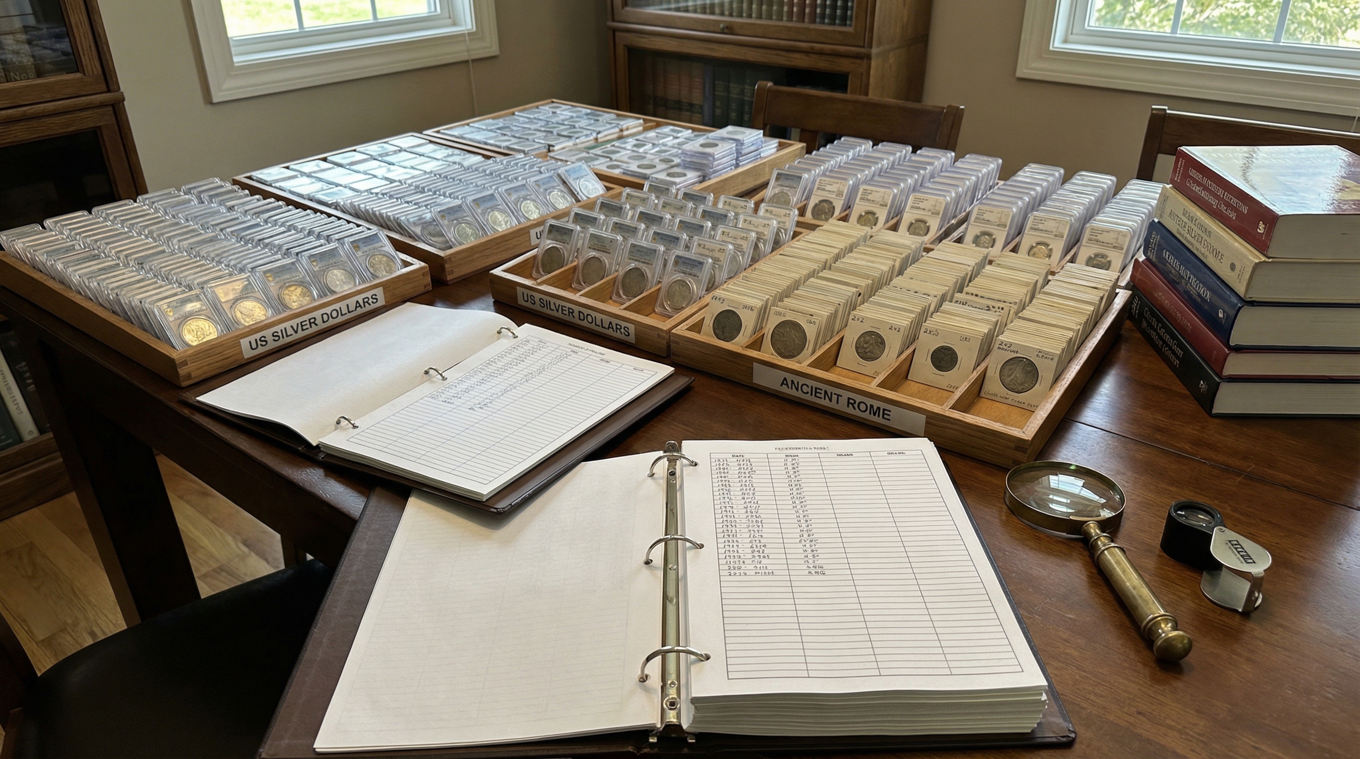 Organized coin collection in protective holders with inventory sheets and magnifying equipment
