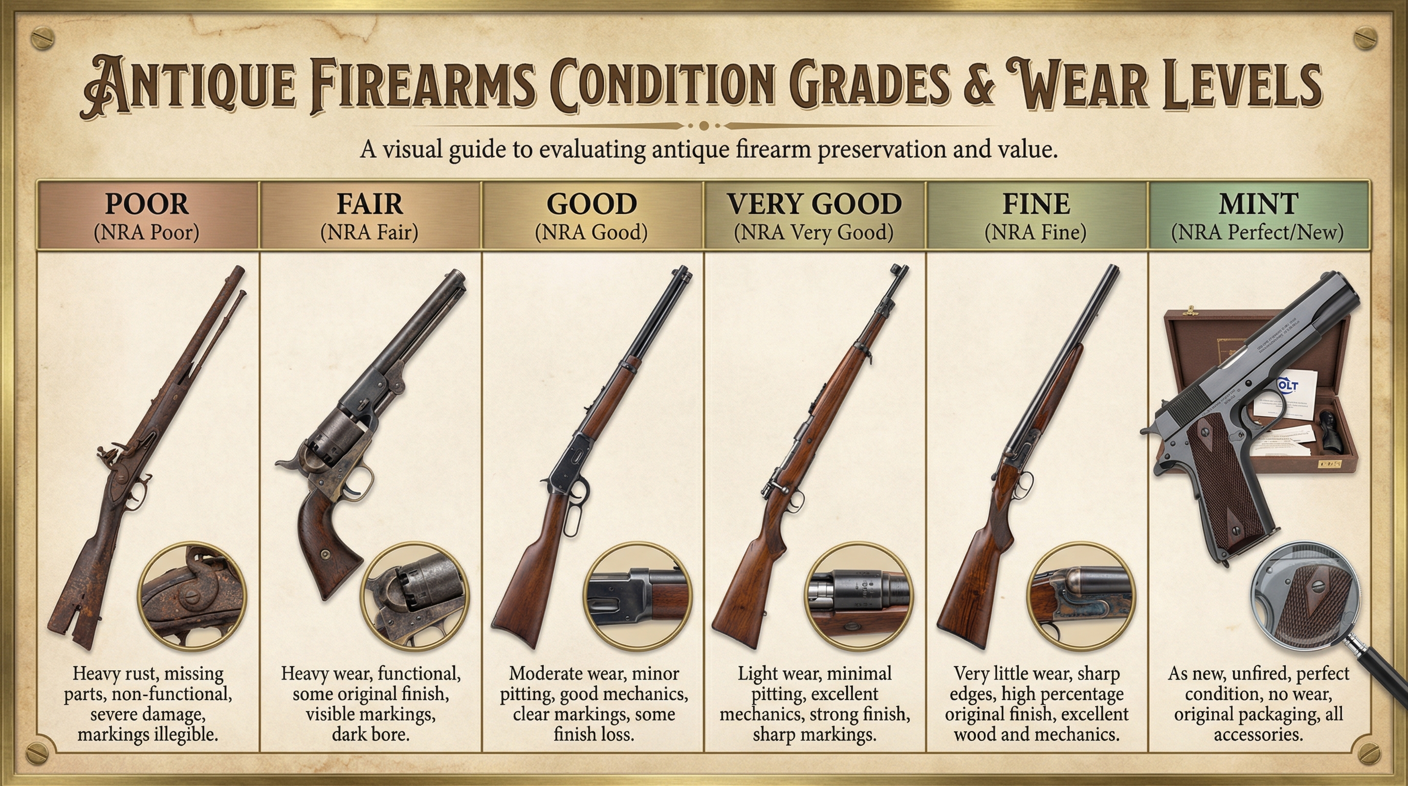 Antique gun condition grading chart showing different wear levels