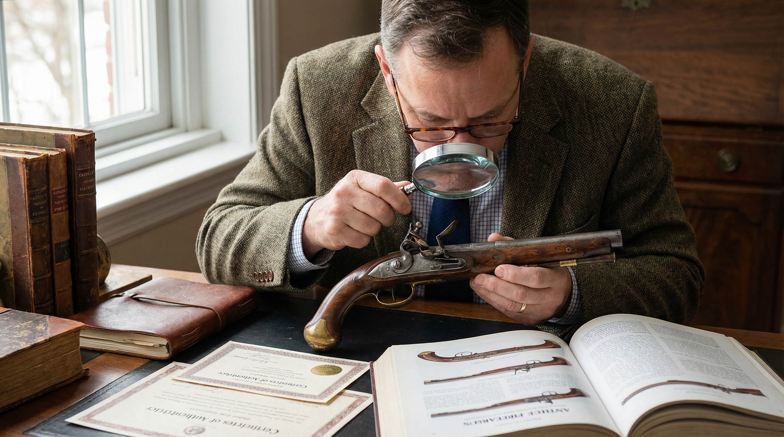 Antique gun appraisal process showing appraiser examining firearm with magnifying glass