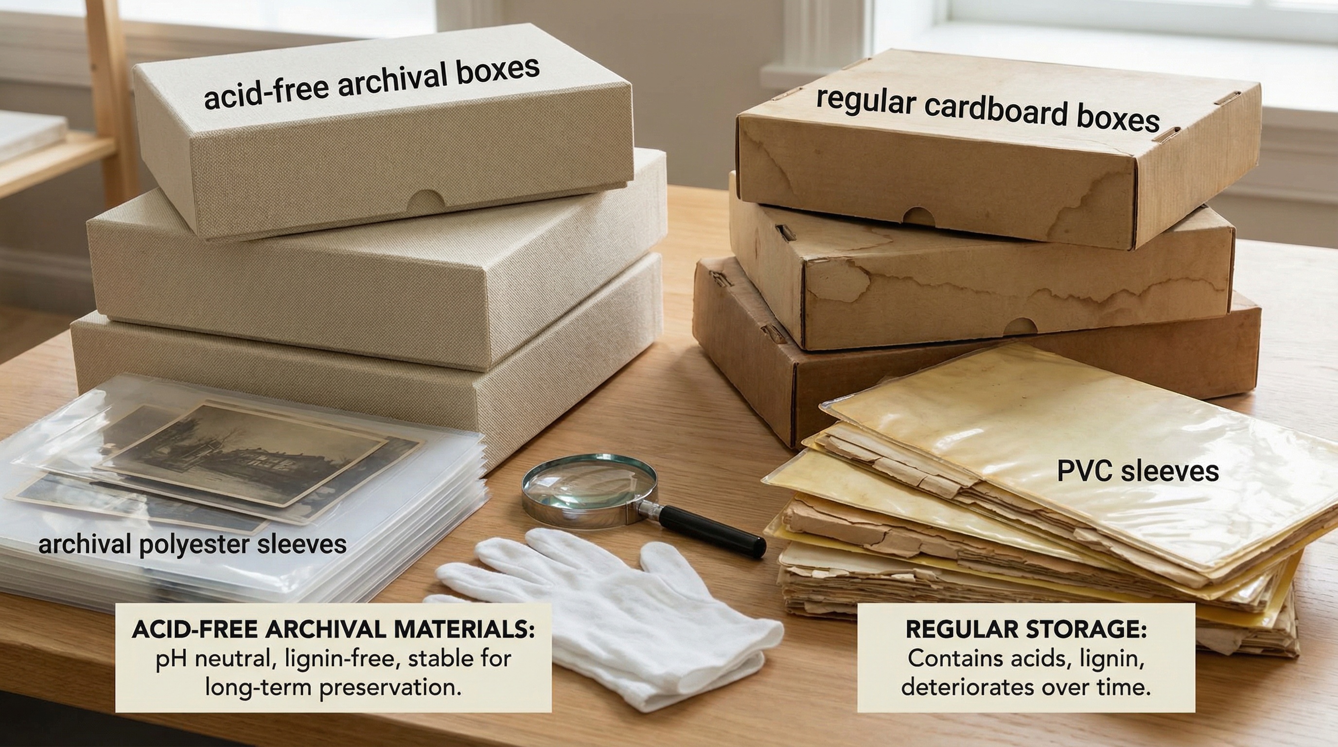 Close-up comparison showing acid-free archival boxes and sleeves next to regular storage materials, with labels highlighting the differences