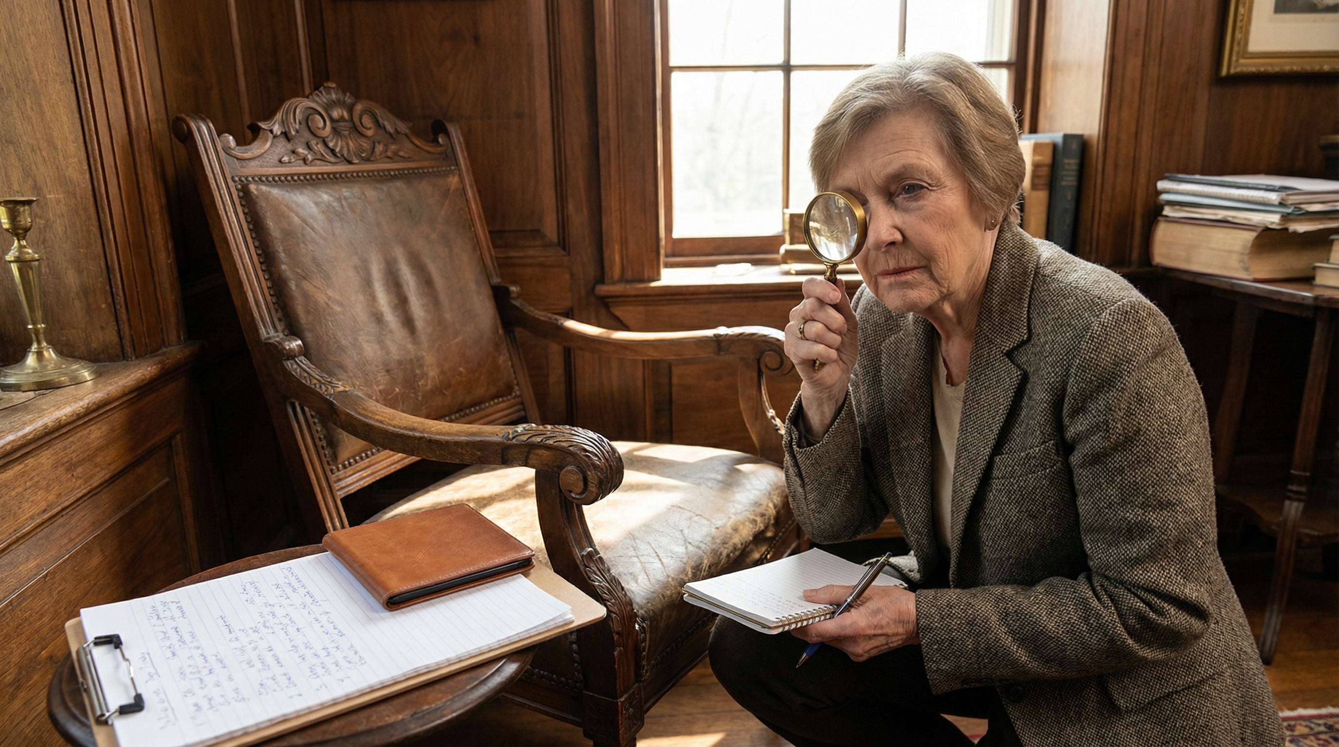 Appraiser examining antique furniture details with magnifying glass and documentation
