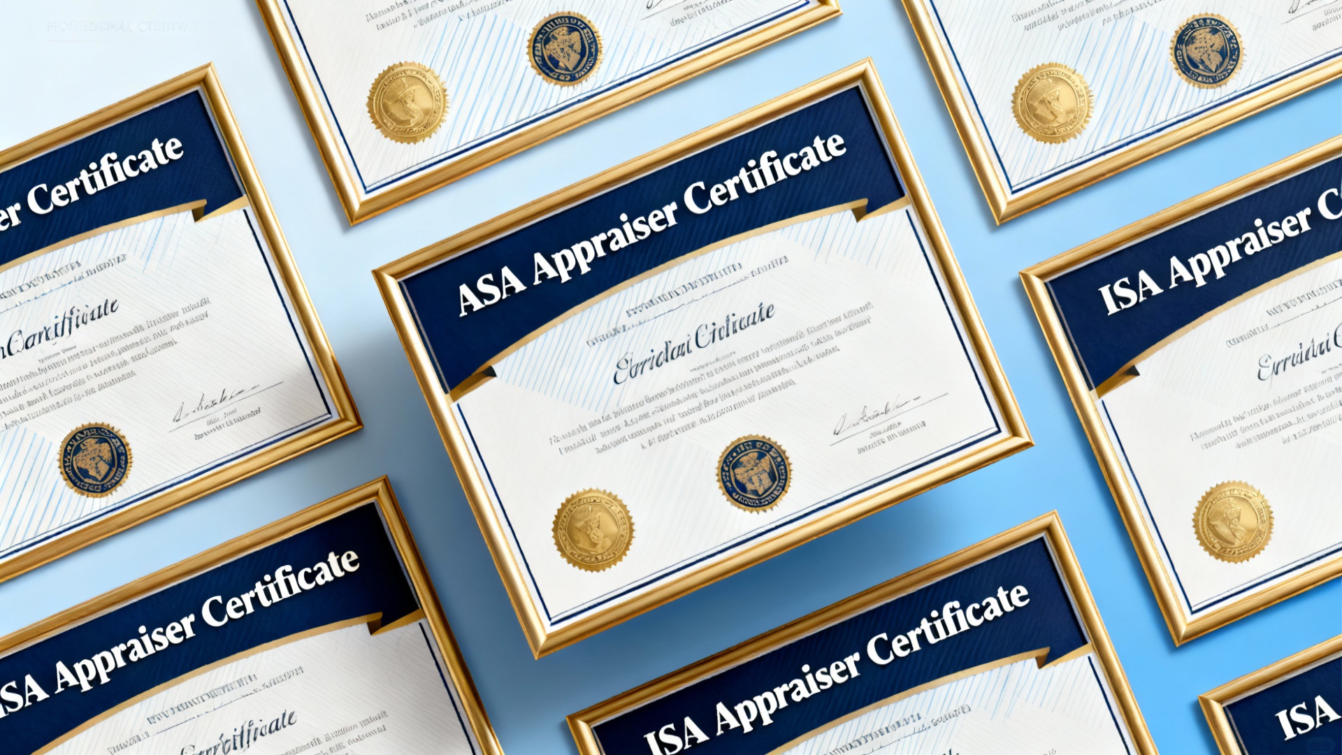 Professional appraiser credentials and certificates including ASA and ISA badges