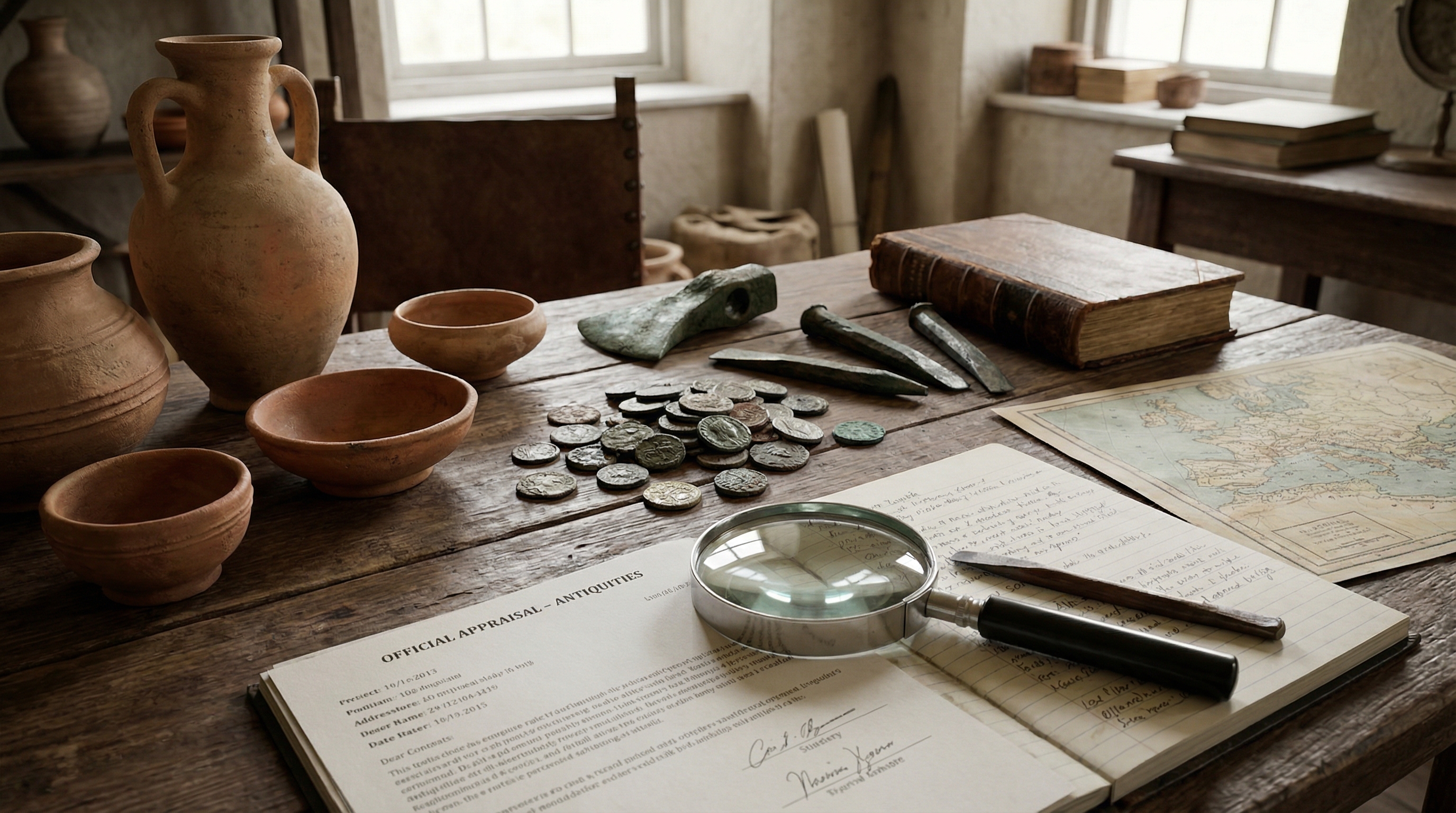 ancient artifacts including pottery, coins, and tools displayed on an appraisal table with magnifying glass and documentation