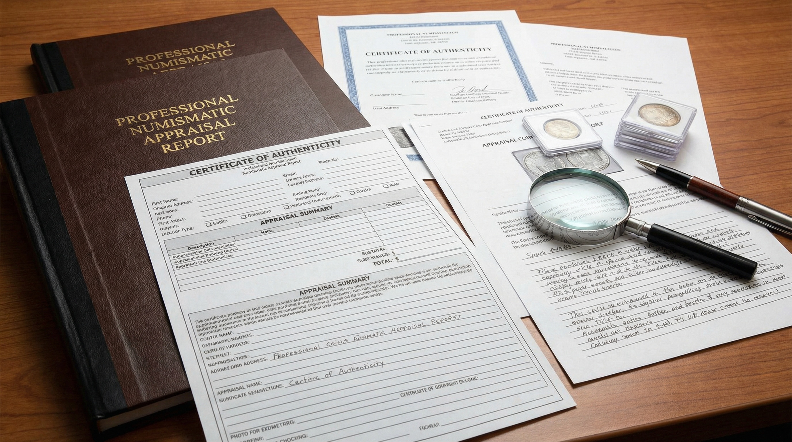 Sample professional coin appraisal report pages showing detailed documentation