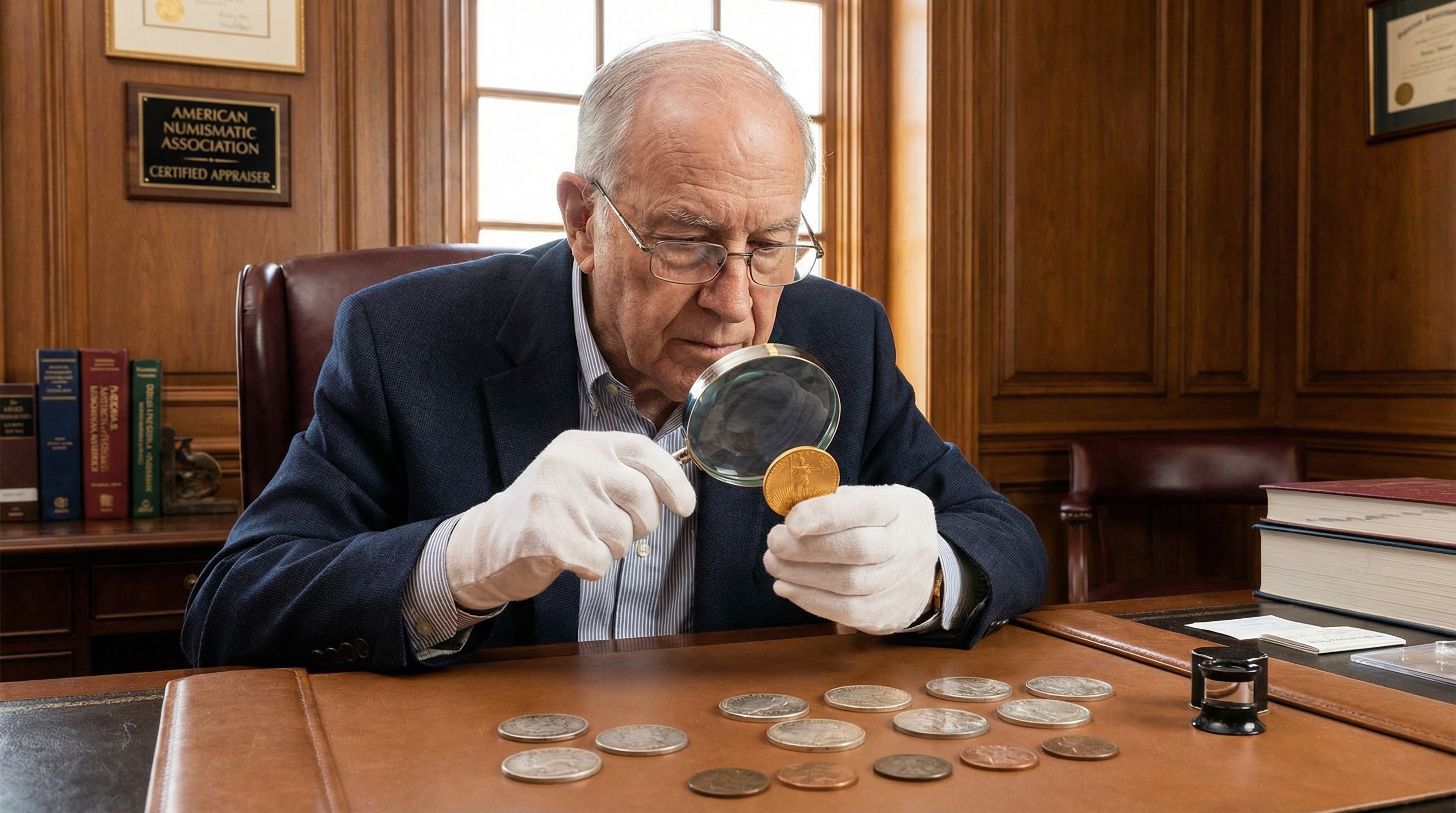 Professional coin appraiser examining rare coins with magnifying glass