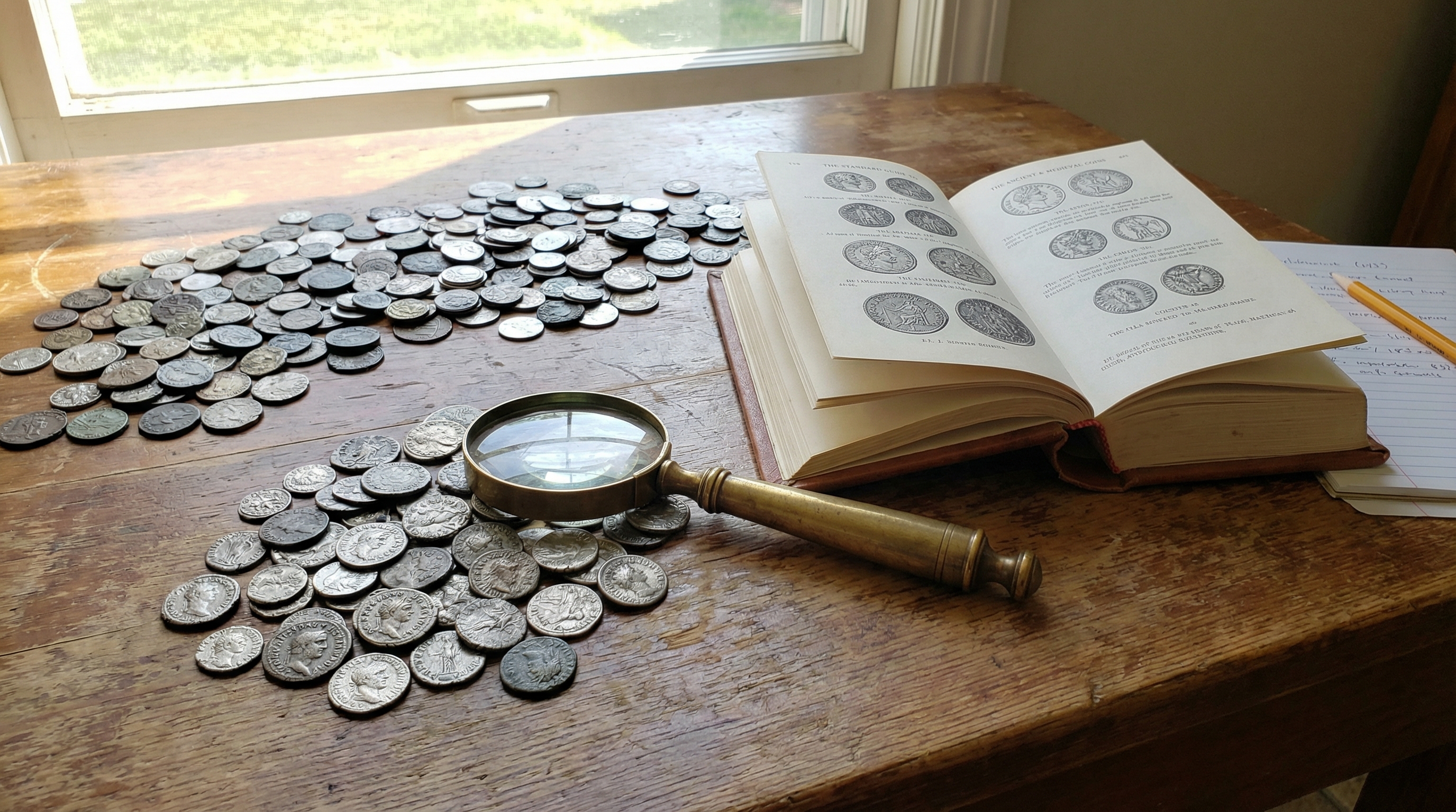 collection of old coins spread on a table with magnifying glass and reference book