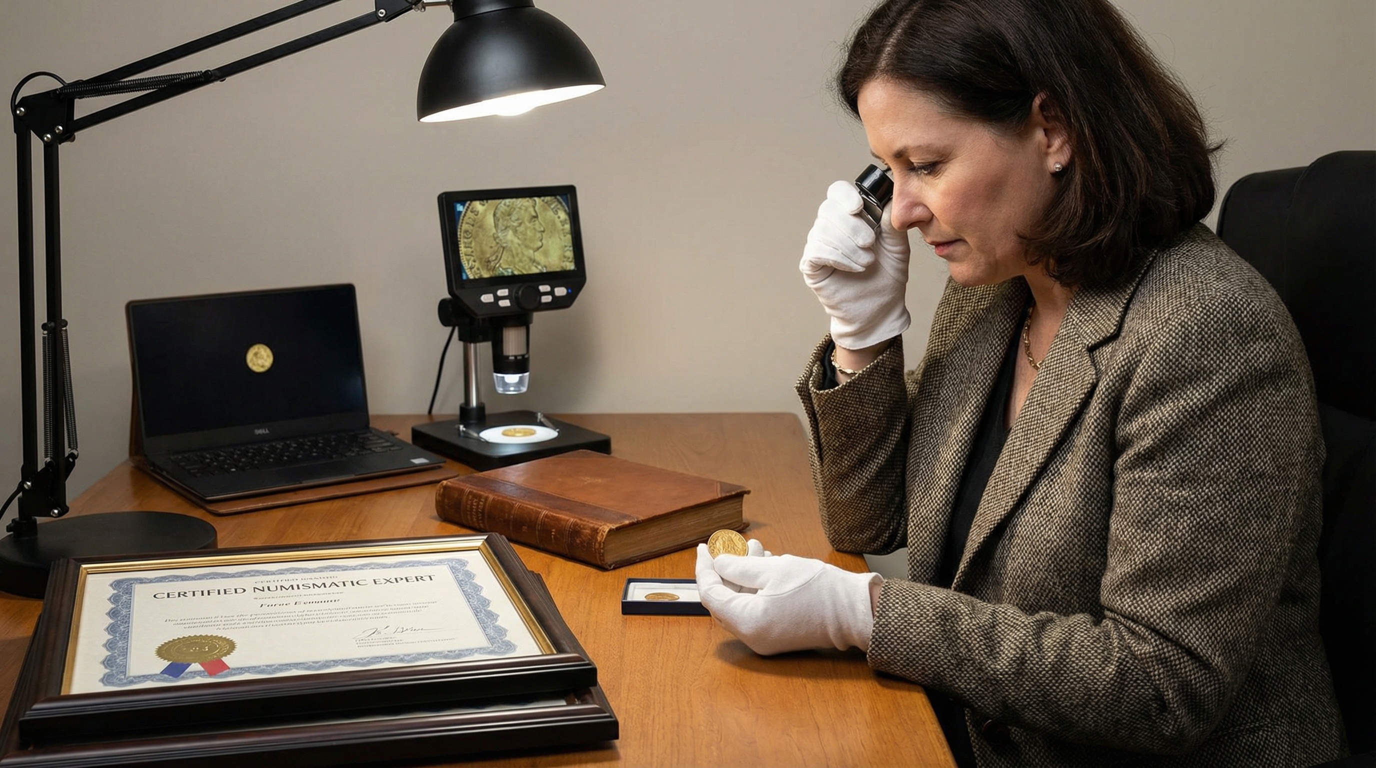 professional appraiser examining coins with magnification equipment and reference materials