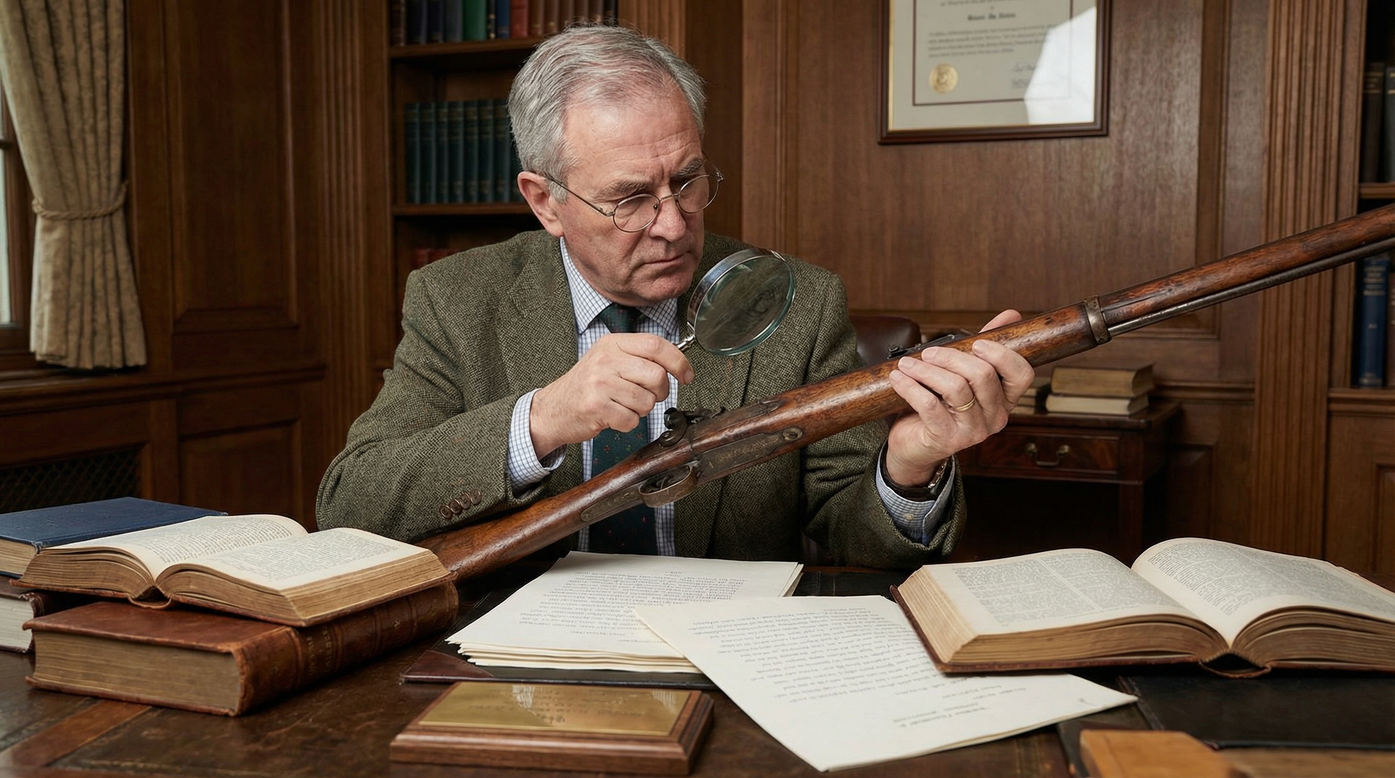Professional appraiser examining antique rifle with specialized tools and reference books