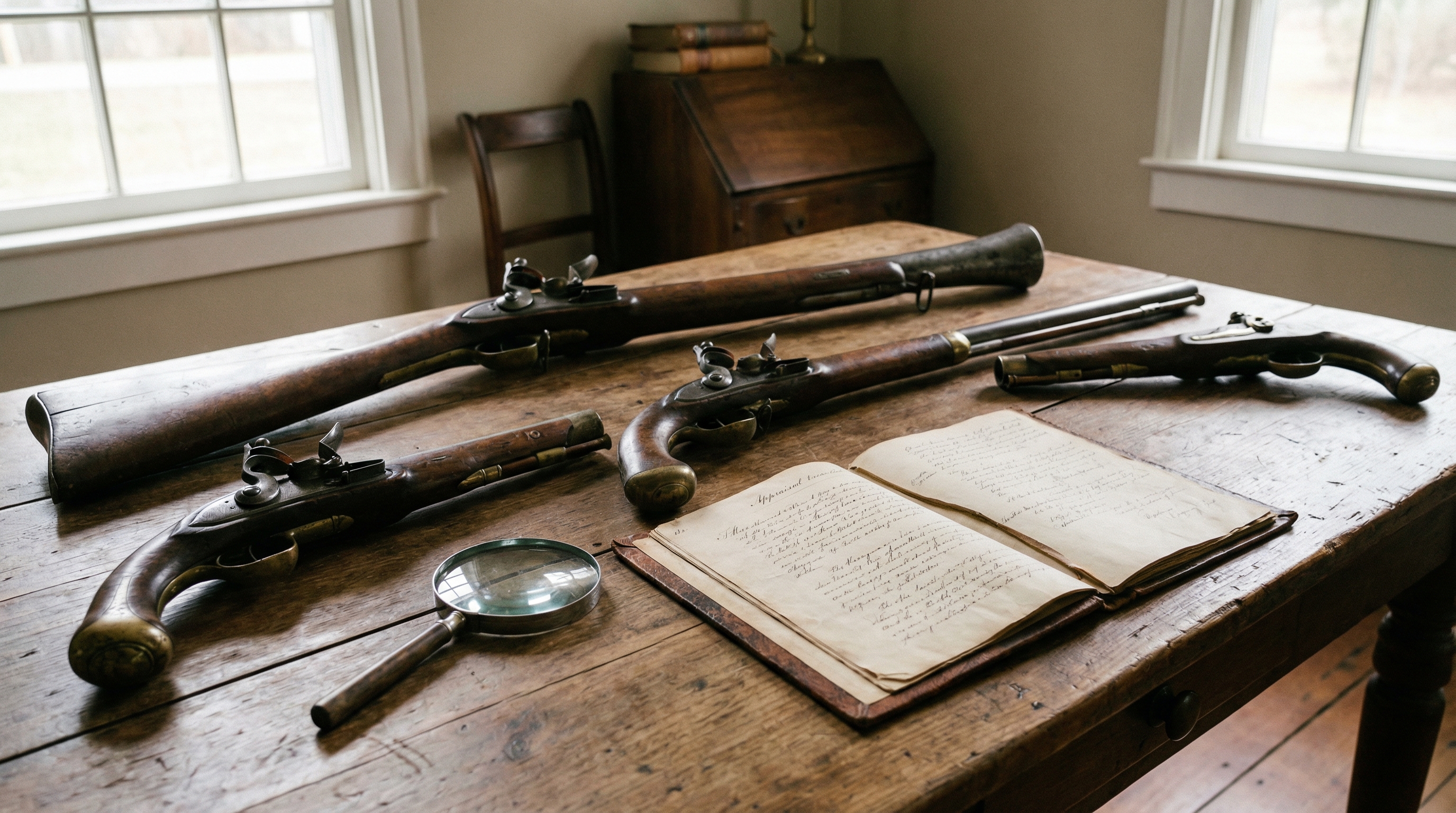 Antique gun collection displayed on wooden table with magnifying glass and documents