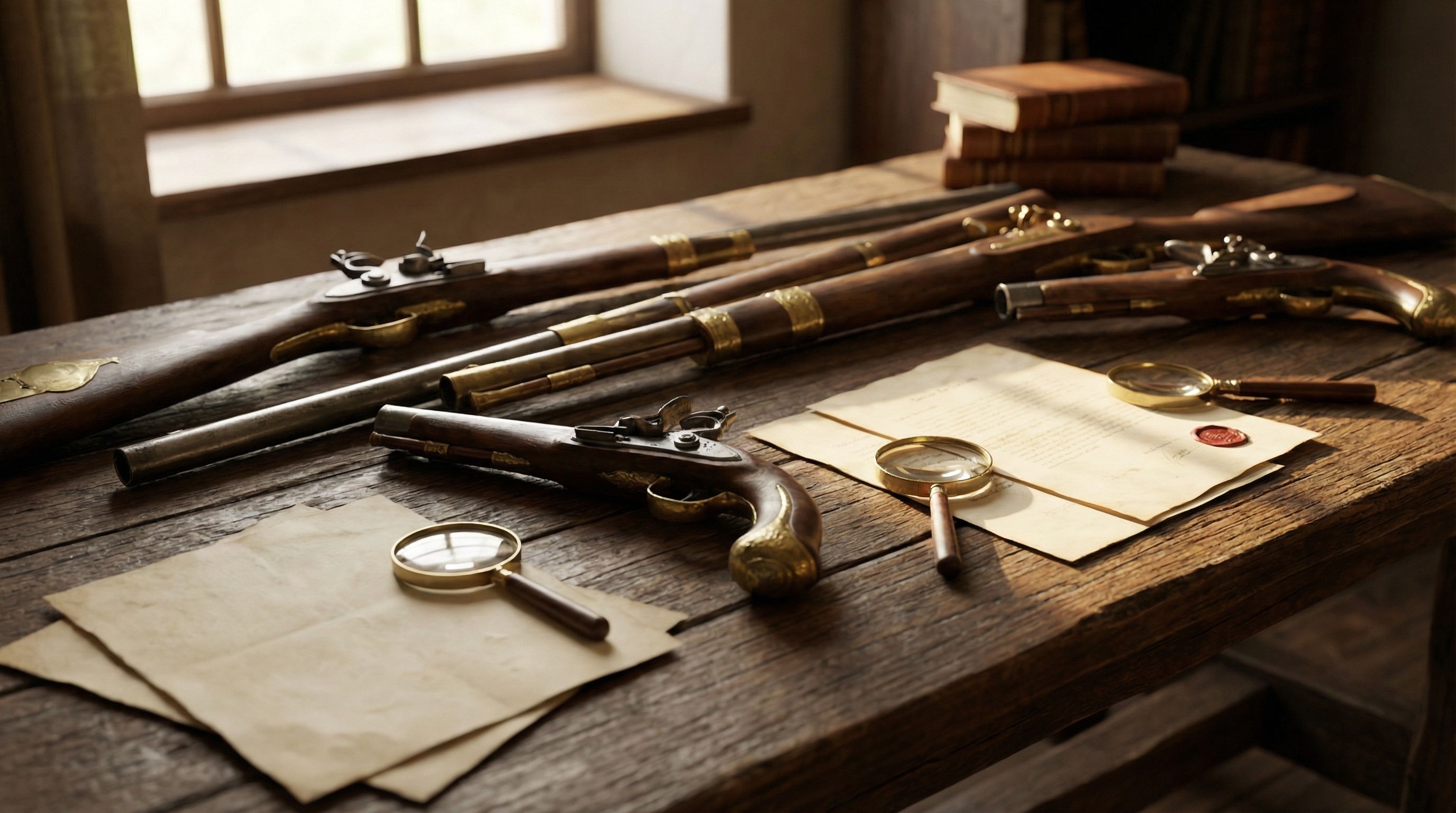 Antique gun collection displayed on wooden table with appraisal documents