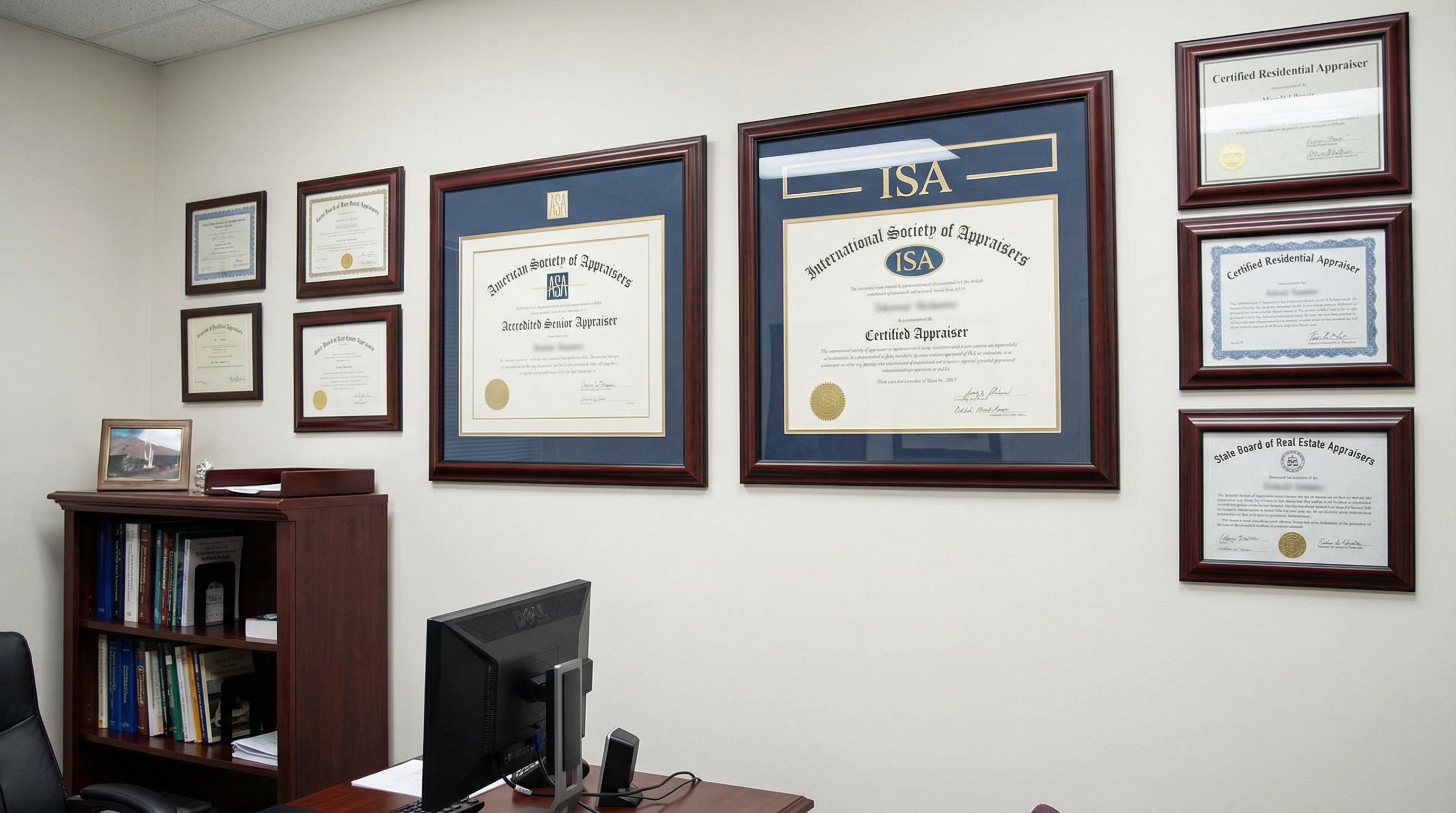 Professional certificates and credentials displayed on office wall