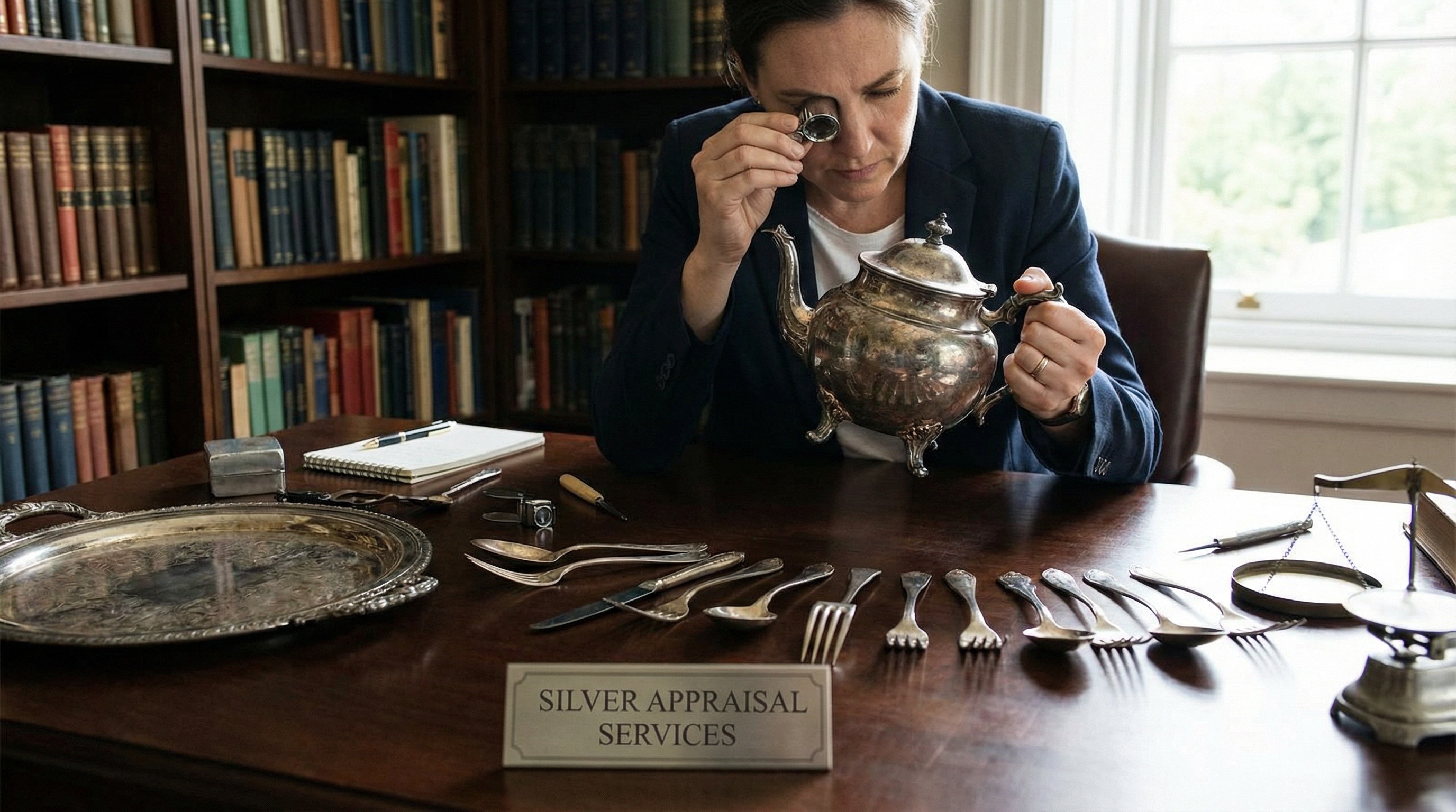 Antique silver appraisal process with tools and documentation