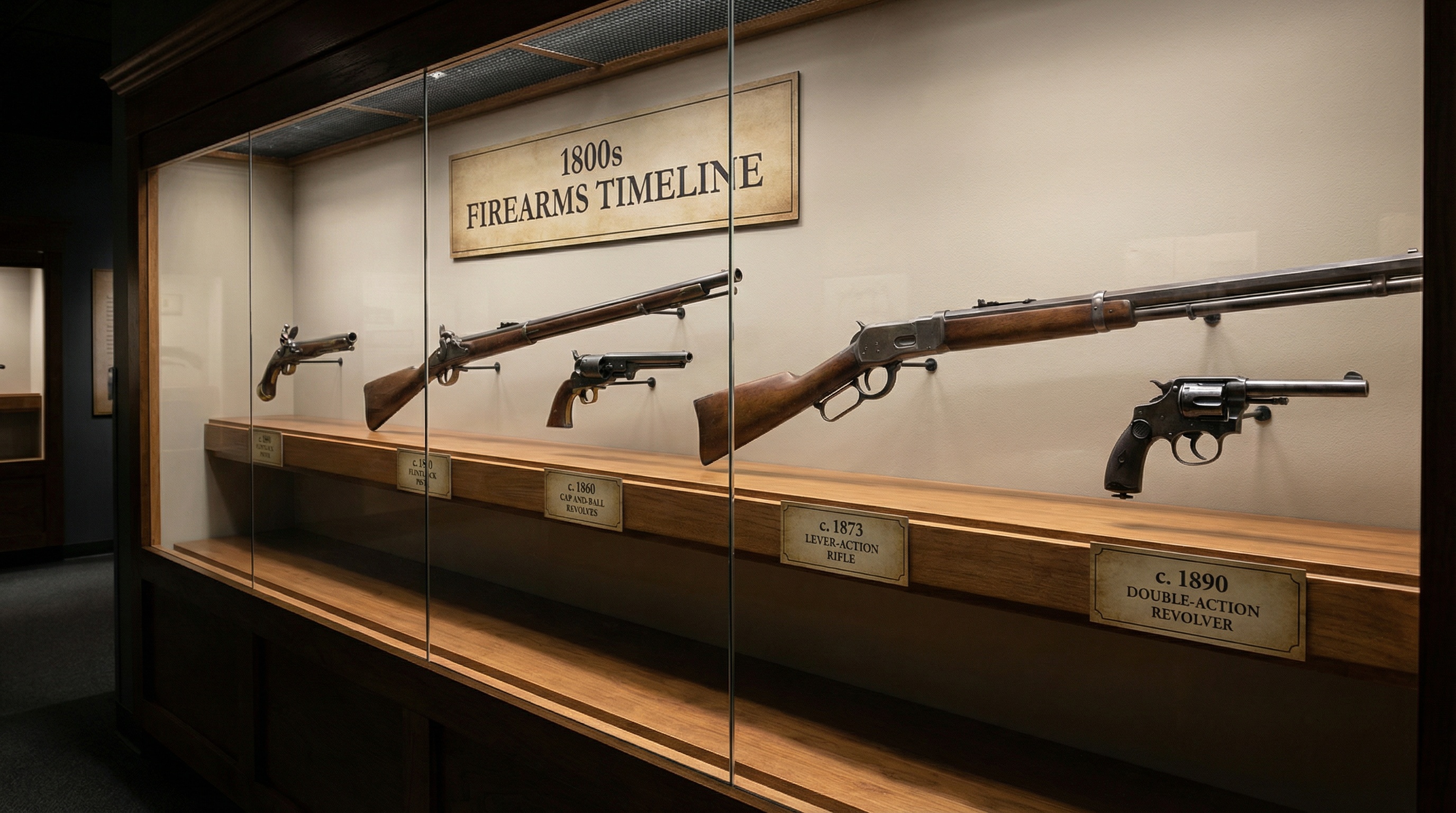 Timeline showing different antique gun types from 1800s with labels