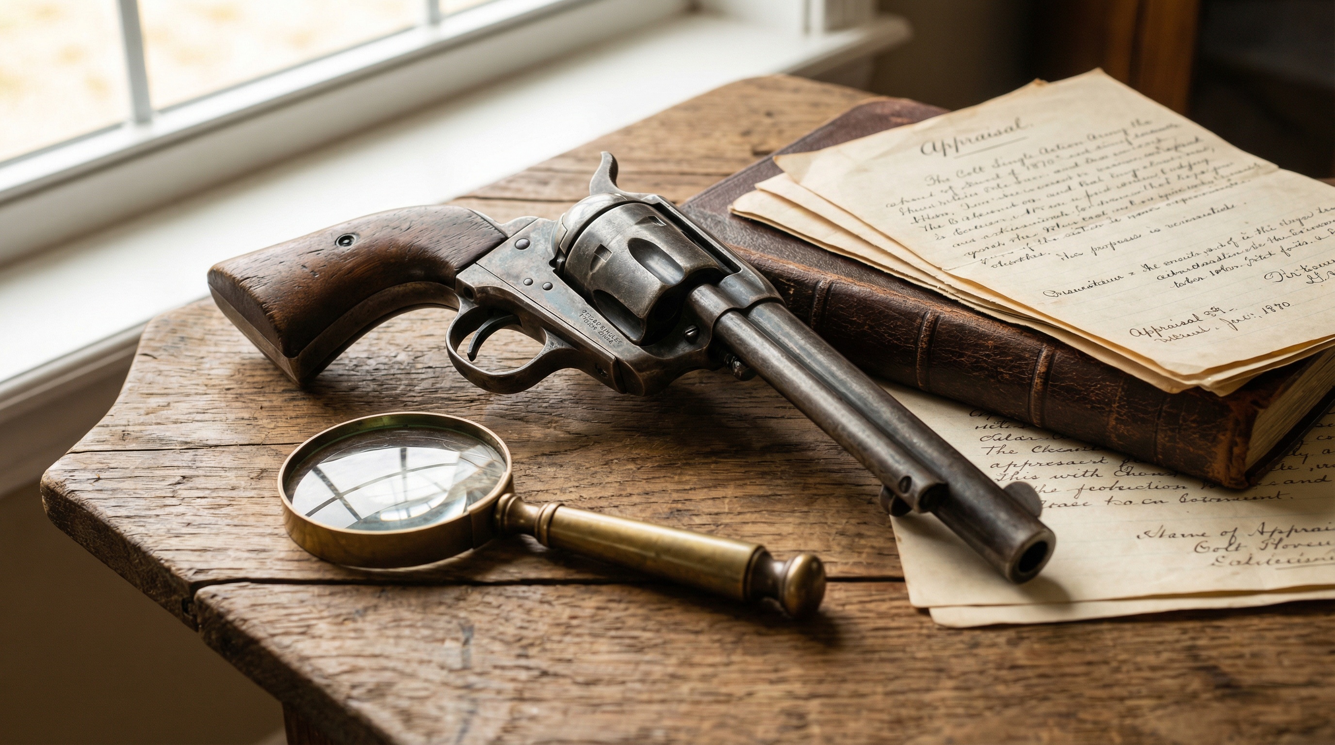 Antique revolver on wooden table with magnifying glass and appraisal documents