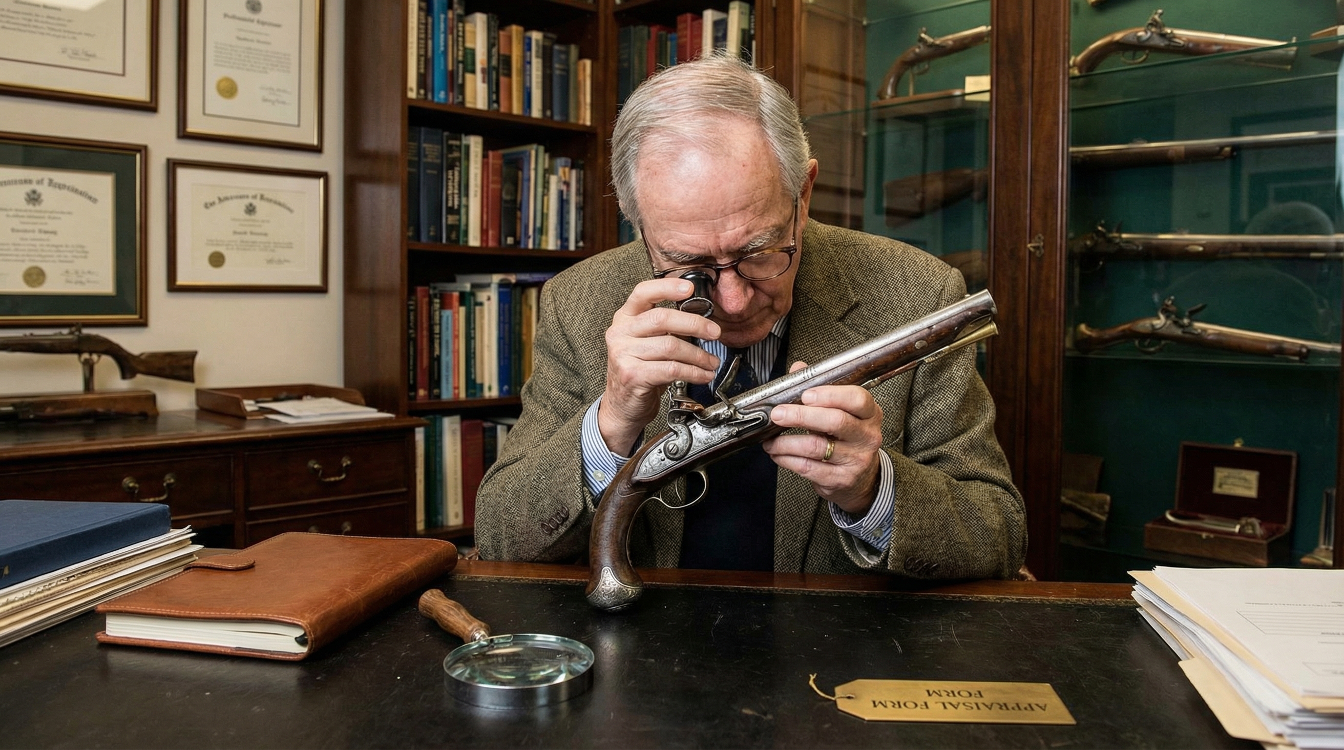 Professional appraiser examining an antique firearm with a magnifying glass