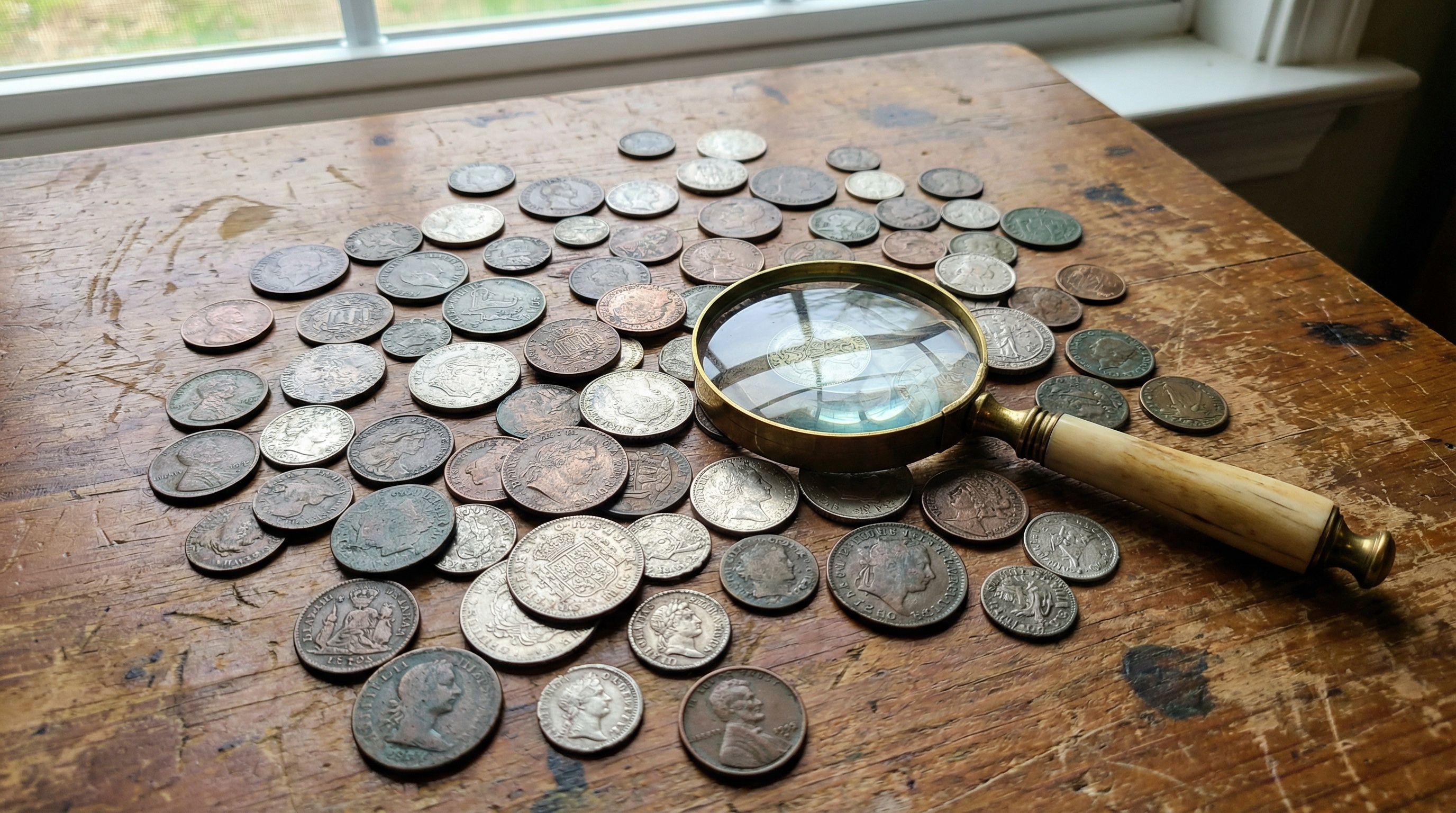 Collection of old coins spread on a wooden table with magnifying glass