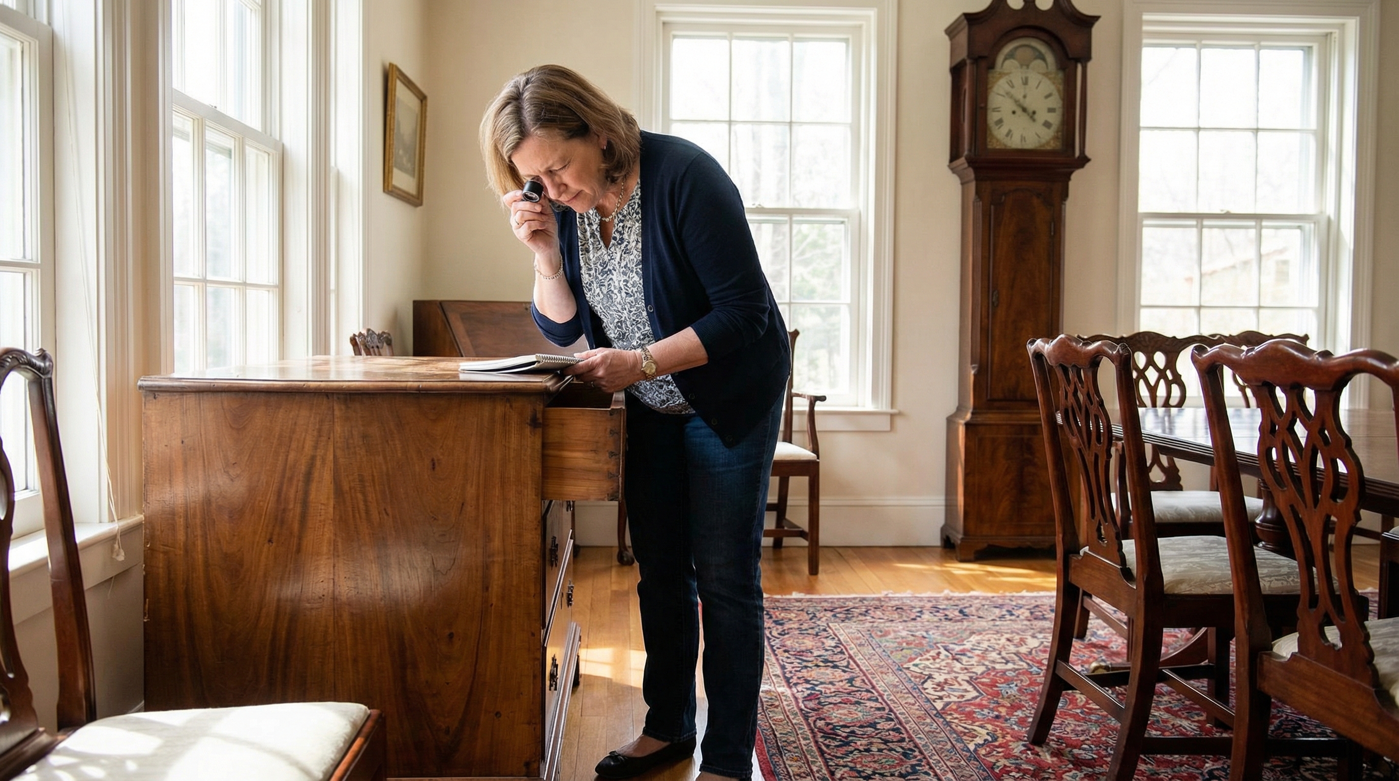 Close-up of appraiser examining antique furniture details with magnifying glass and measuring tools