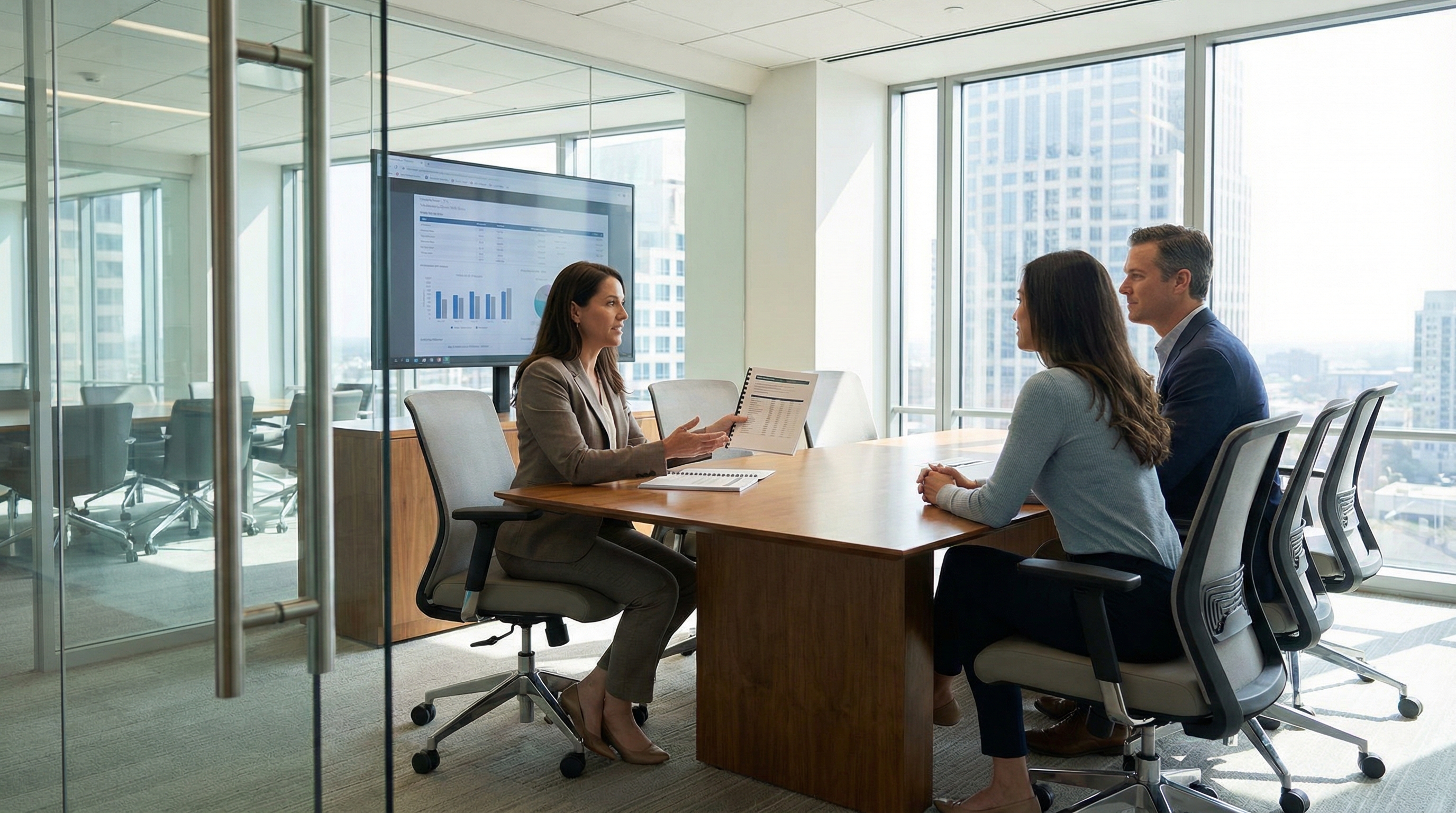 professional appraiser presenting report to clients in modern office setting