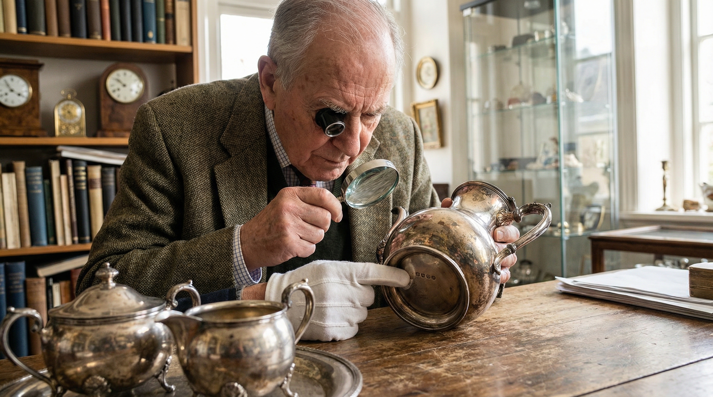 antique silver tea set with hallmarks being examined by appraiser with magnifying glass