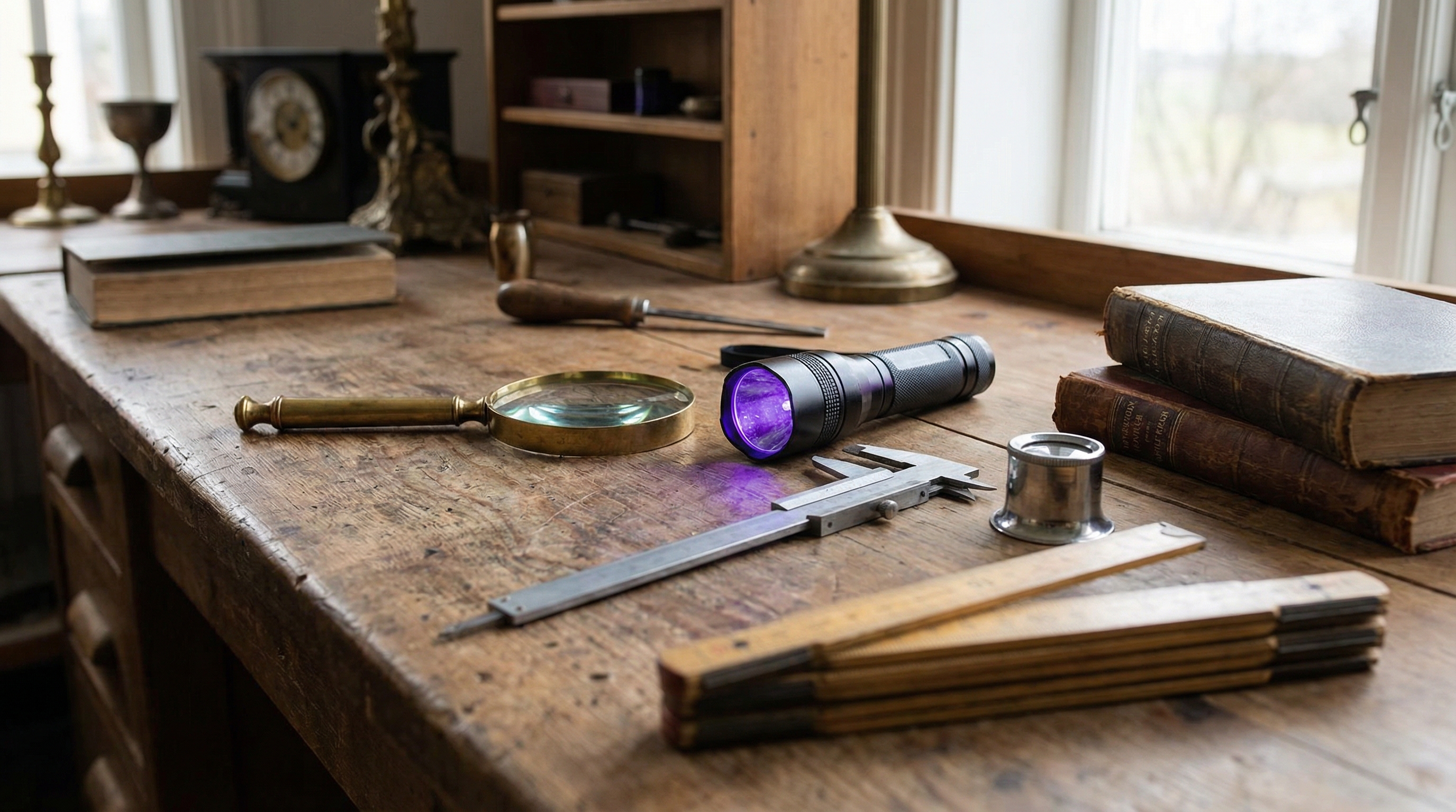Appraiser tools including magnifying glass, UV light, and measuring instruments