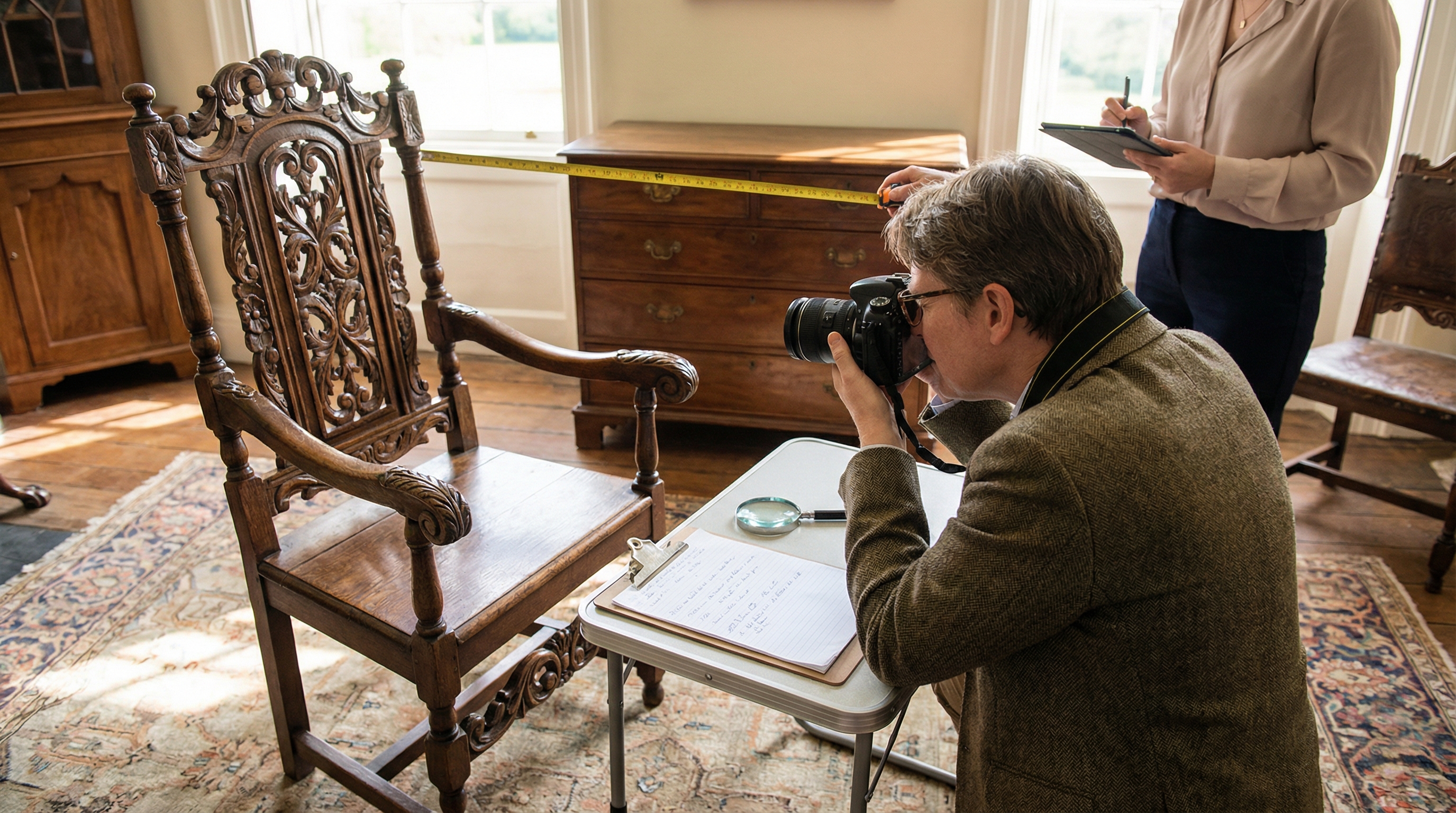 Professional appraiser documenting antique furniture with camera and notes