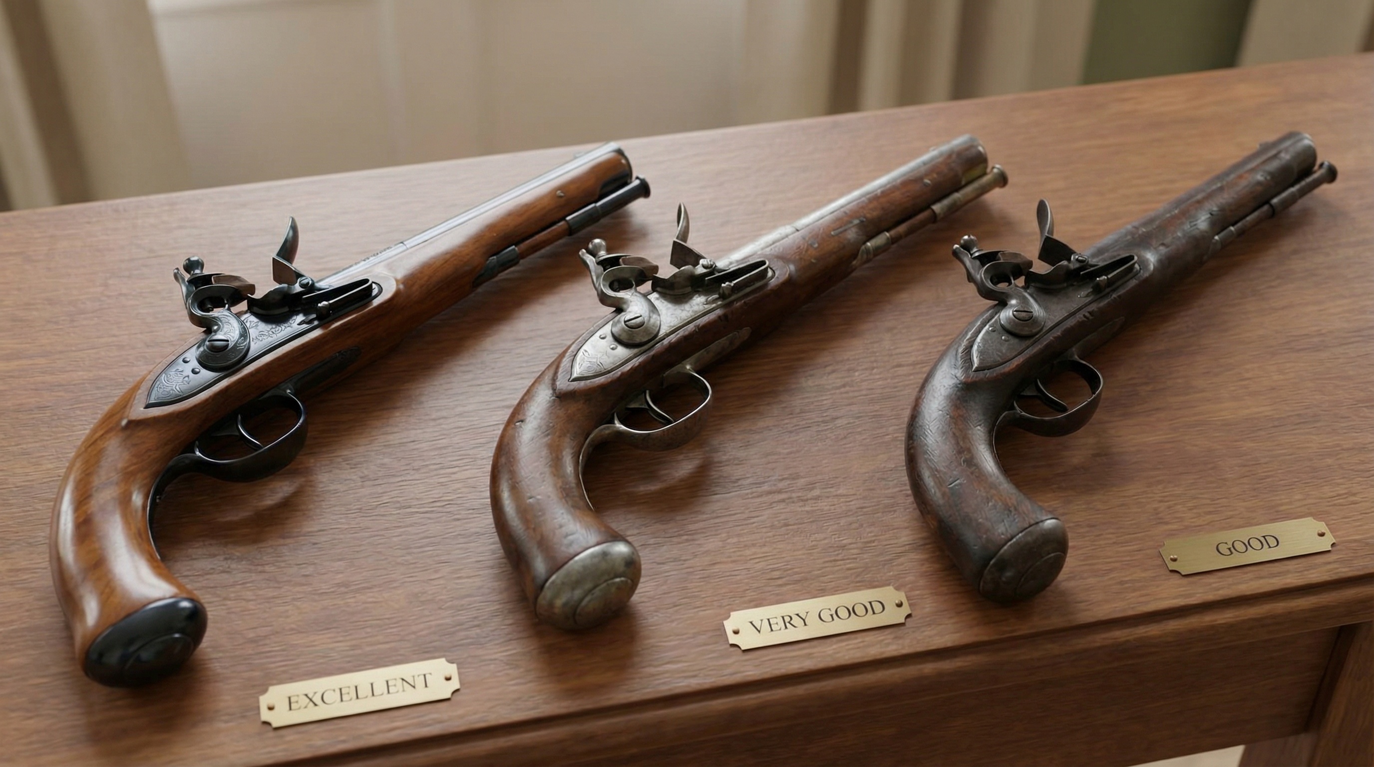 Antique firearm condition comparison showing different wear levels