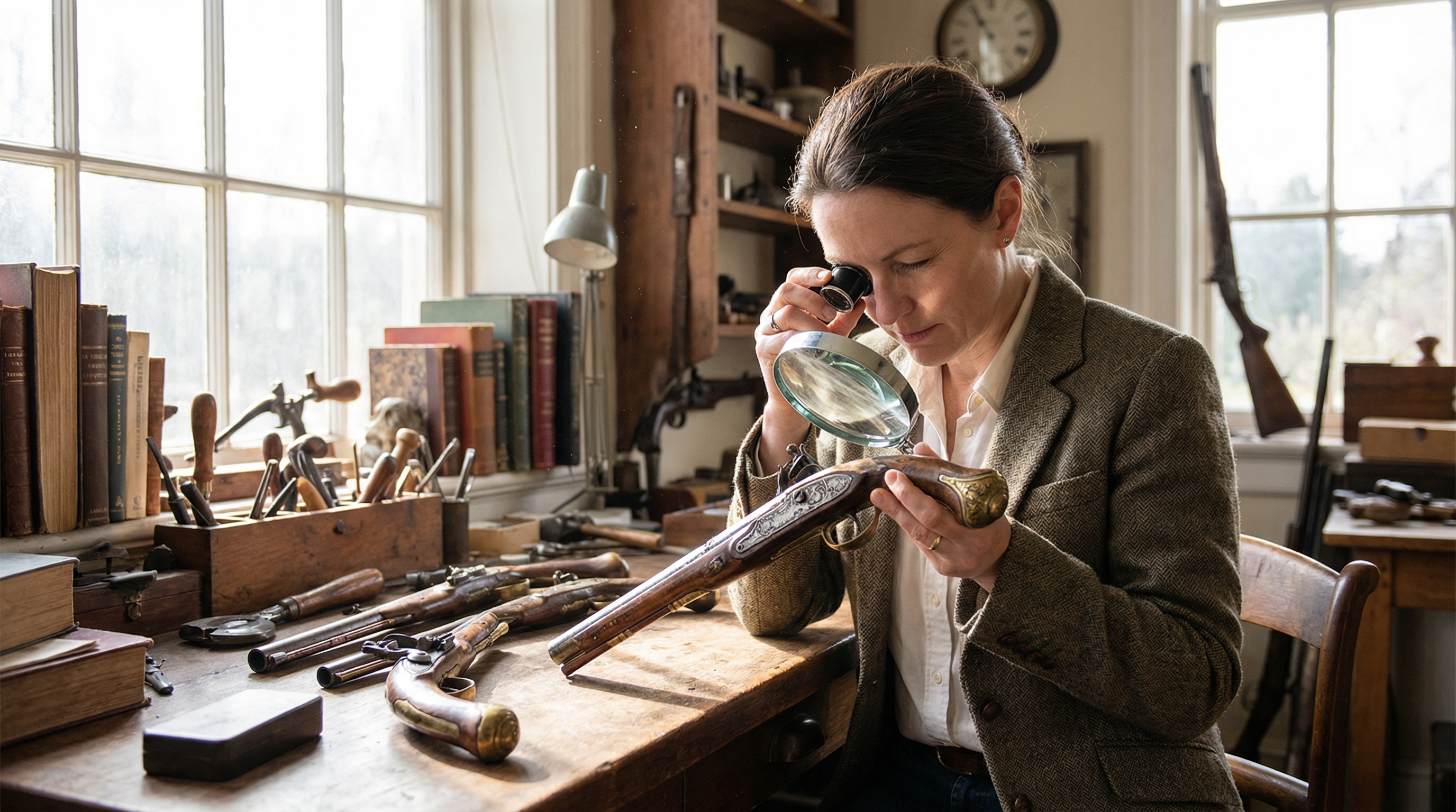Antique gun appraiser examining vintage firearm with magnifying glass