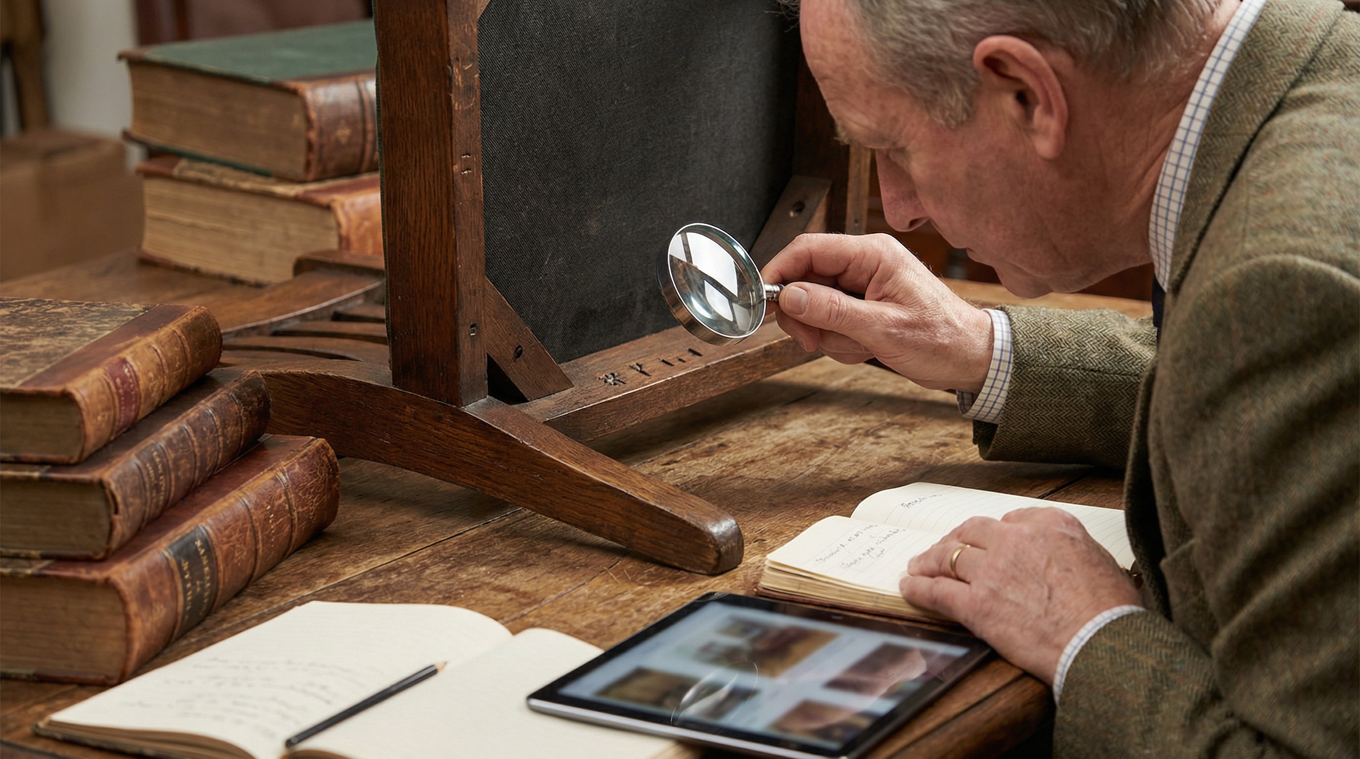 Furniture appraiser examining maker marks on antique furniture with magnifying glass and research materials