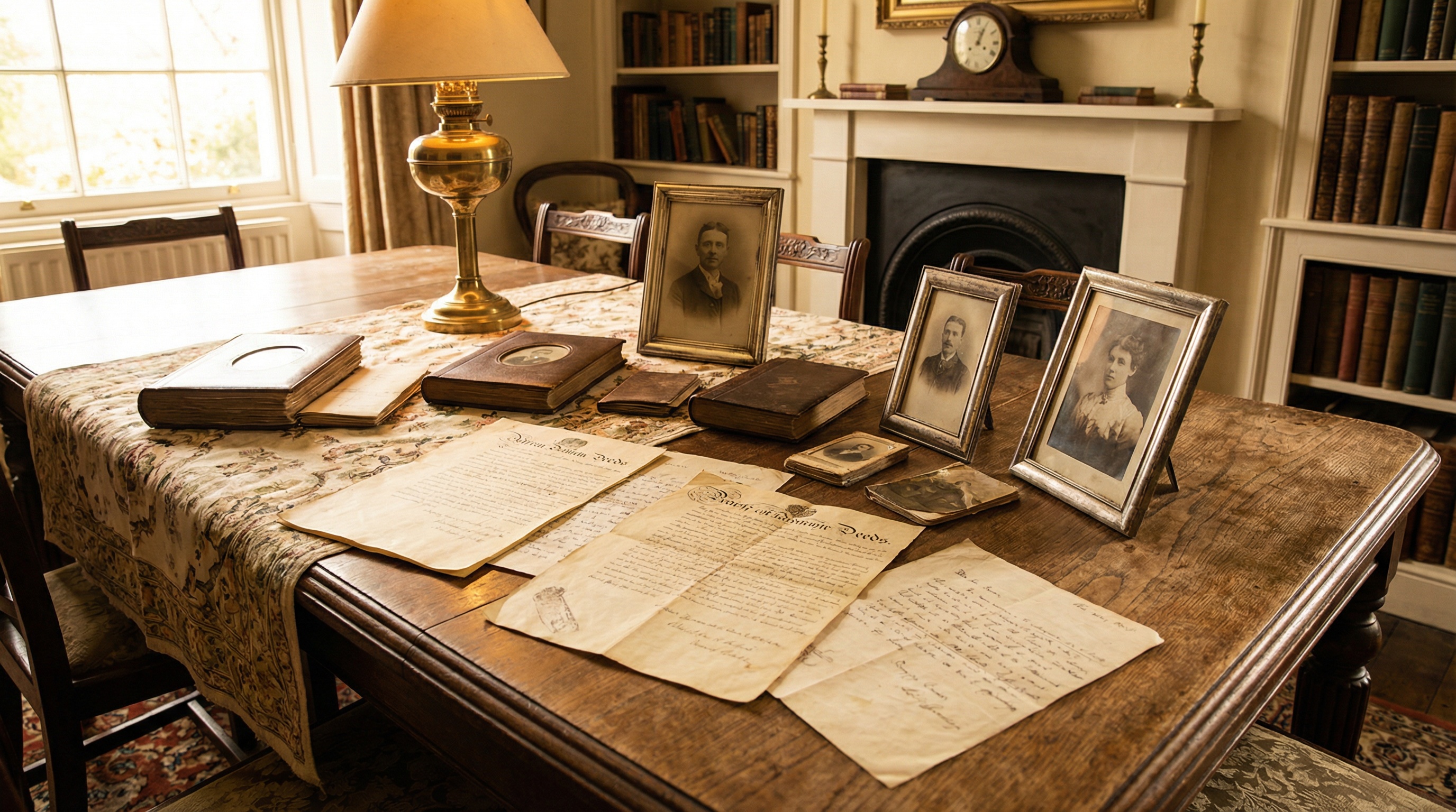 Heritage family dining table with historical documents and vintage family photos