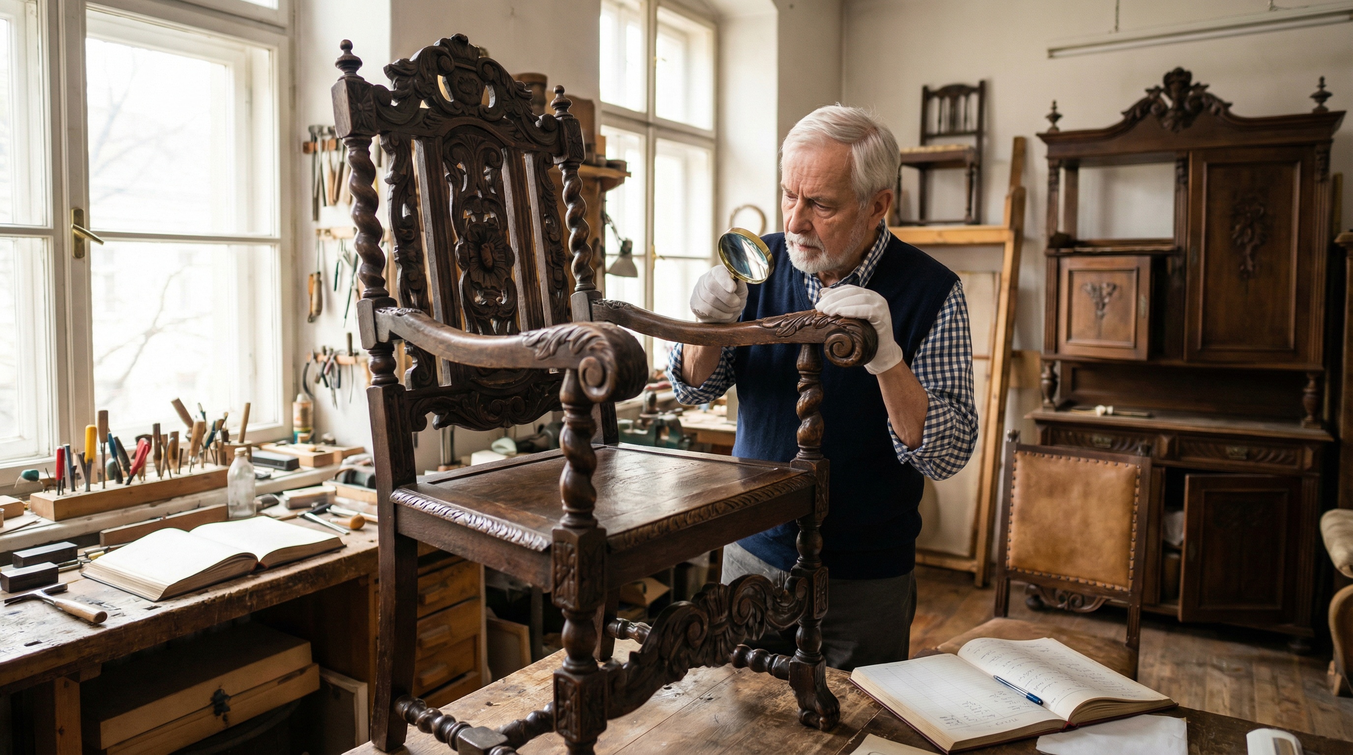 Professional furniture appraiser examining an ornate antique wooden chair