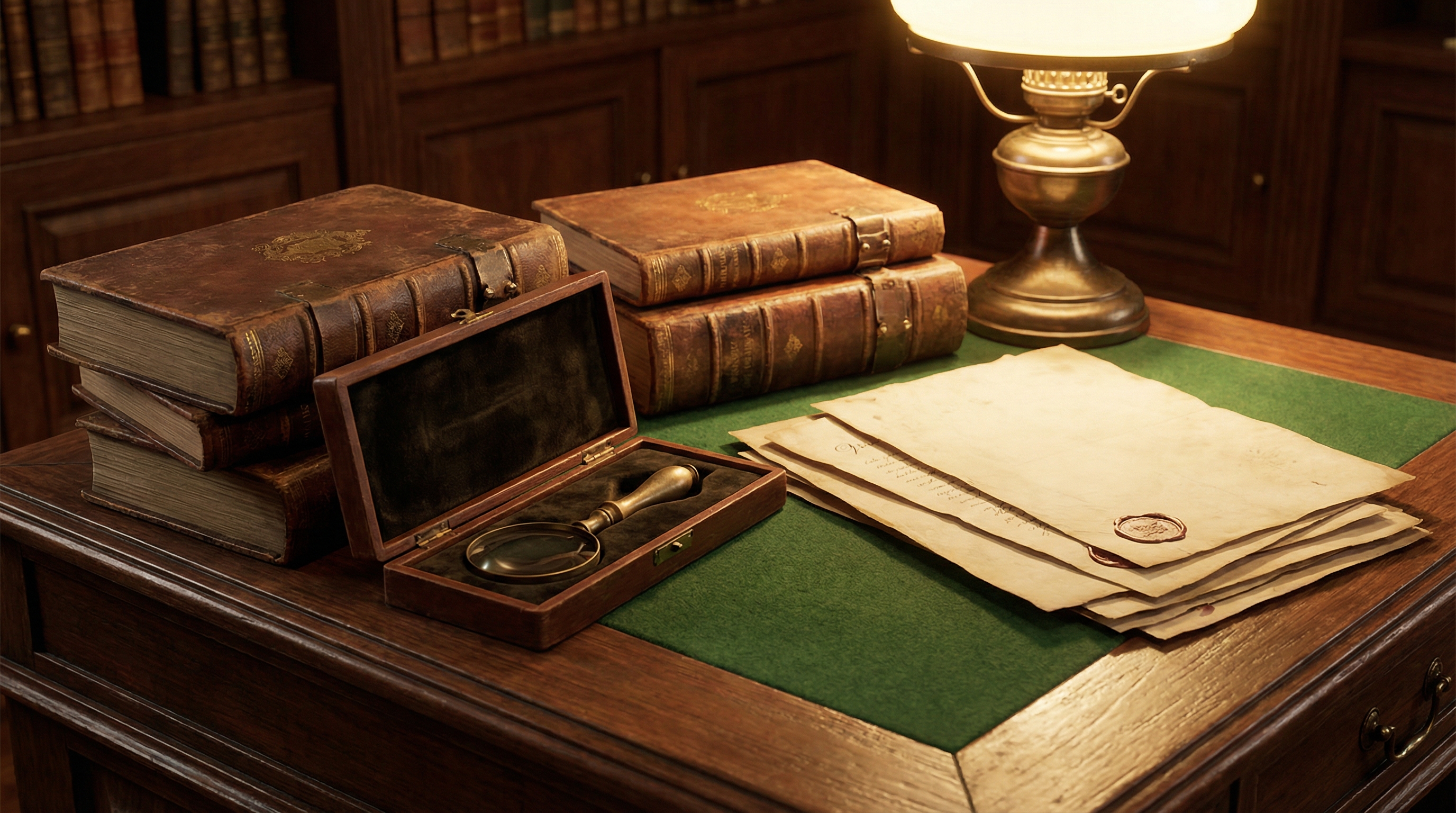 antique books on wooden desk with magnifying glass and appraisal documents