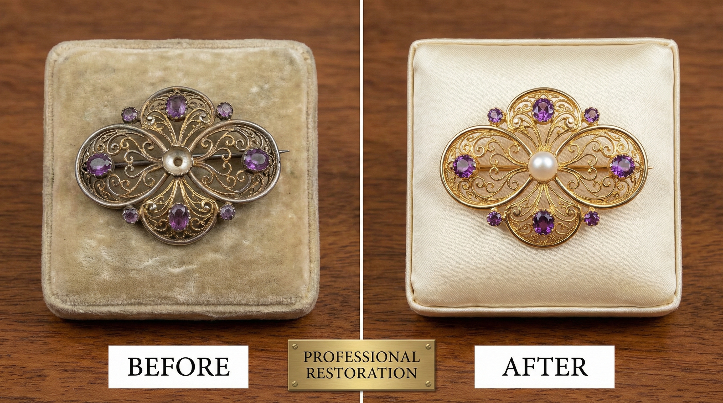 Before and after antique brooch professional restoration