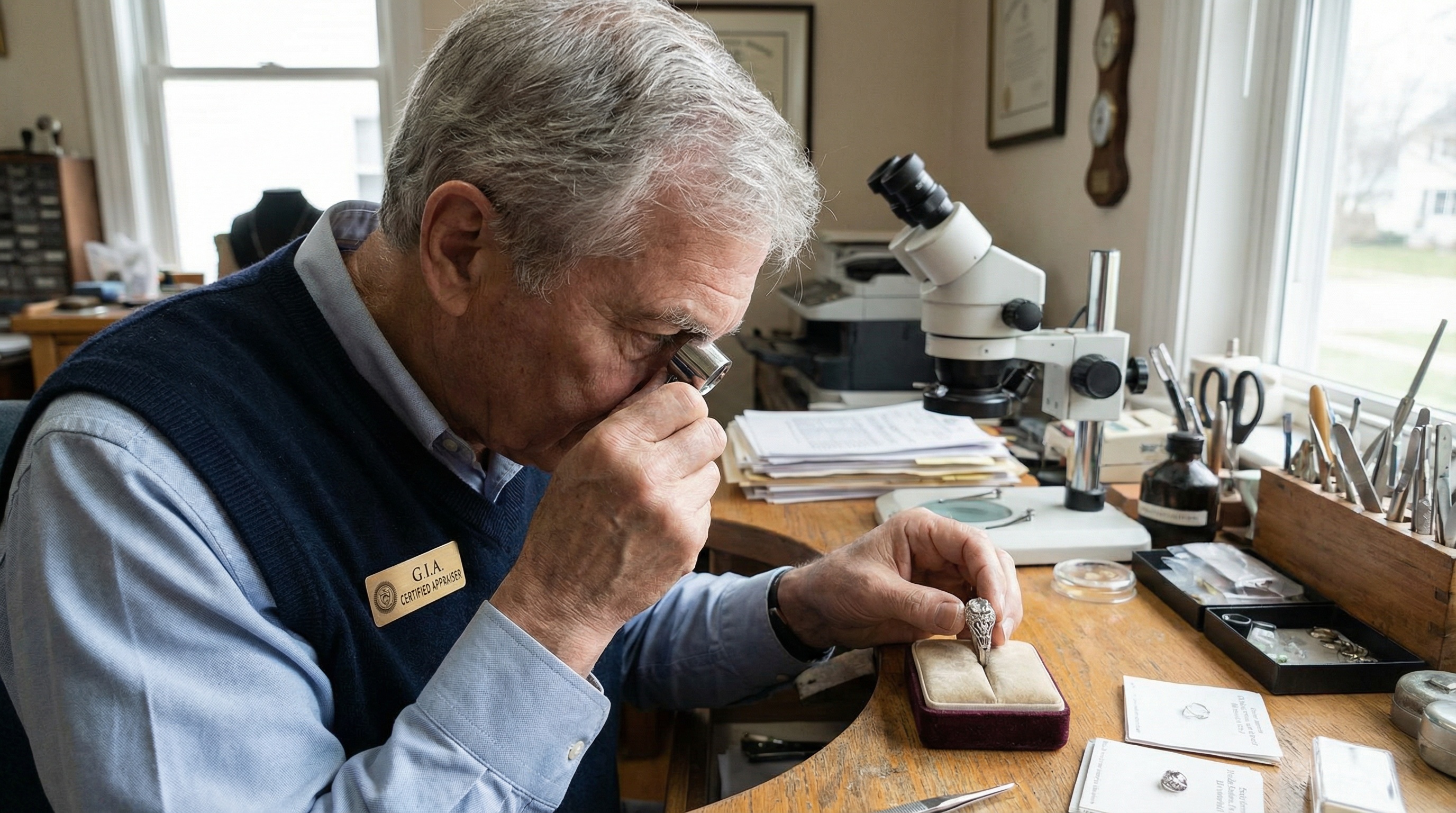 Certified appraiser examining vintage diamond ring with loupe