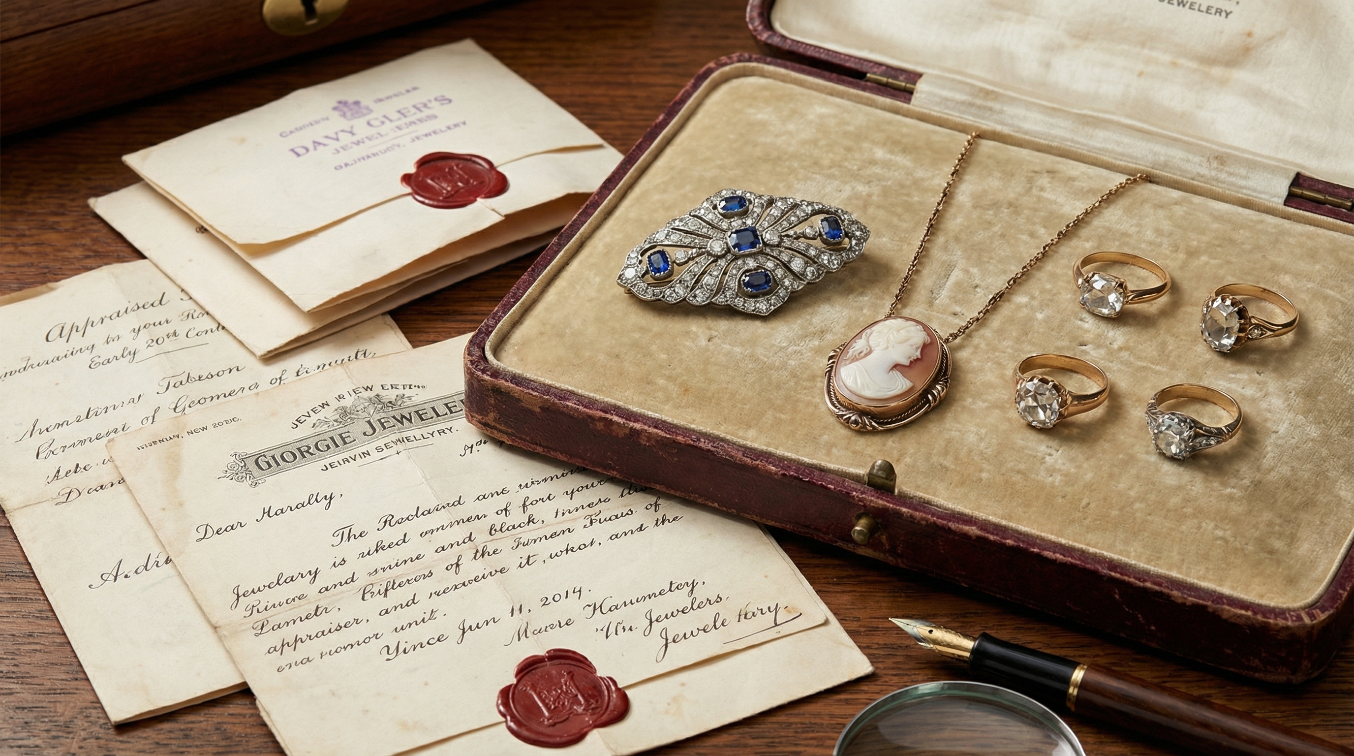 Antique jewelry collection with appraisal documents