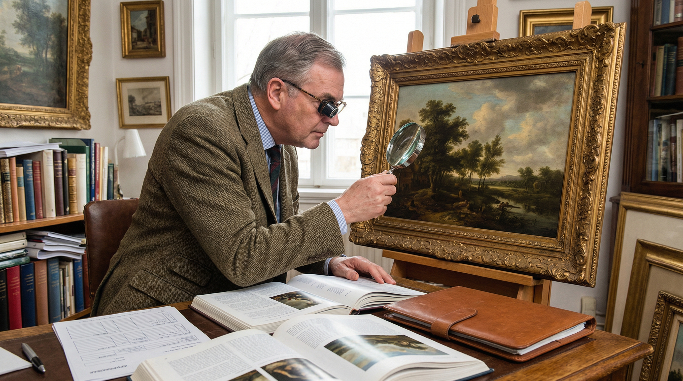 Professional appraiser examining an antique painting with magnifying glass and documentation