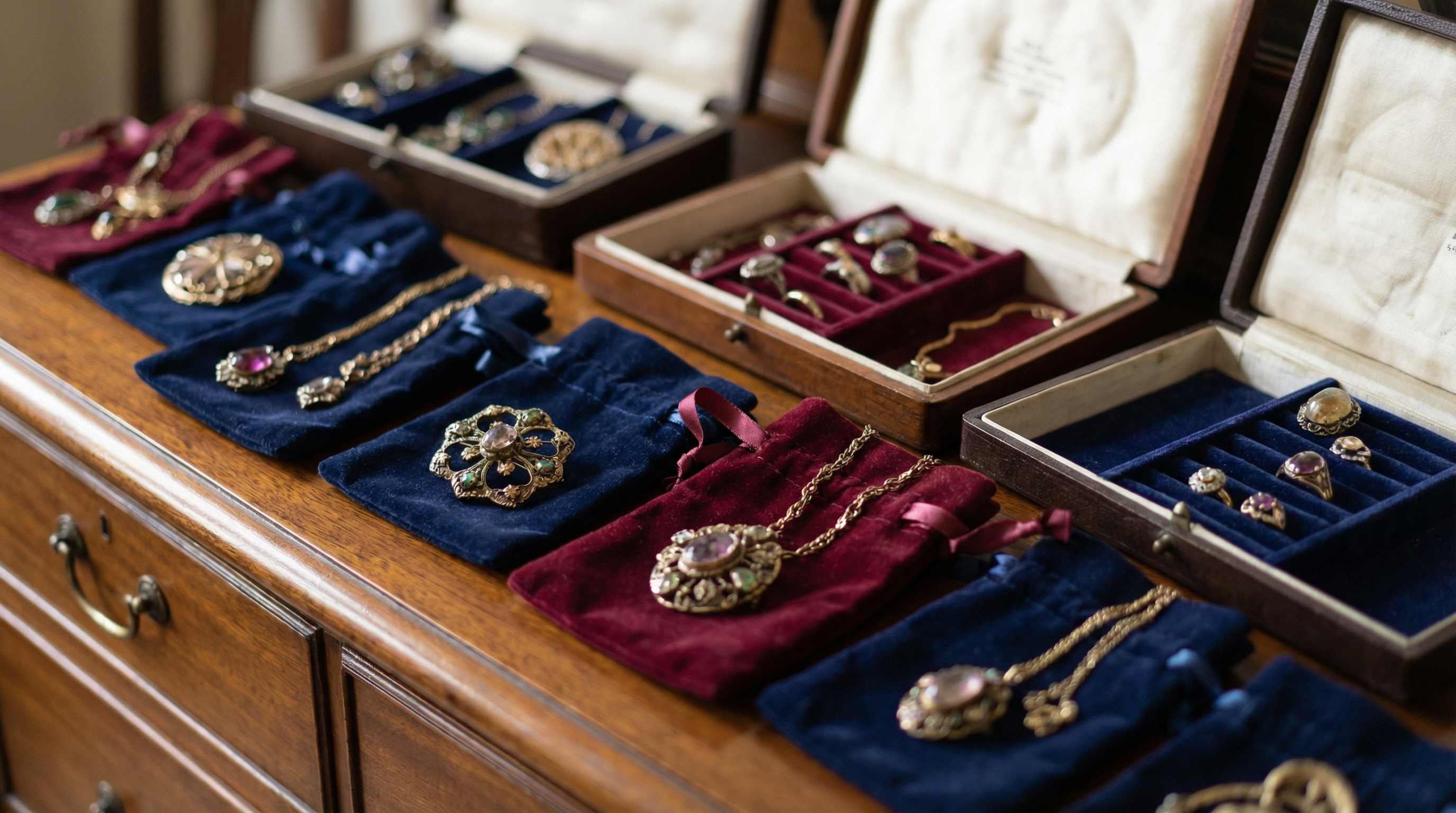 Antique jewelry stored in proper protective cases and pouches