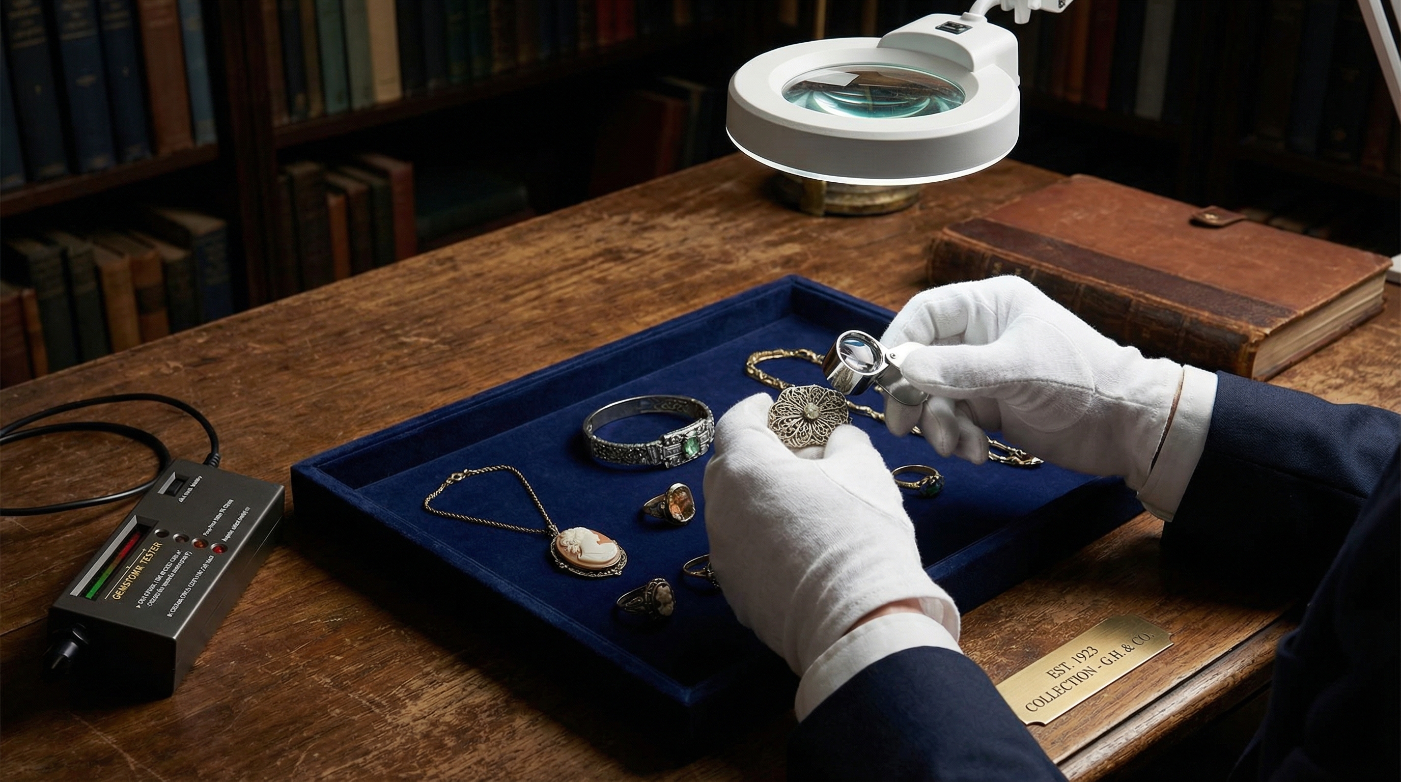 Antique jewelry collection being examined by professional appraiser