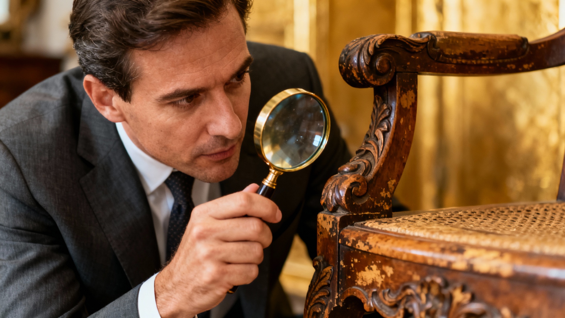 Antique appraisal expert examining vintage furniture with magnifying glass