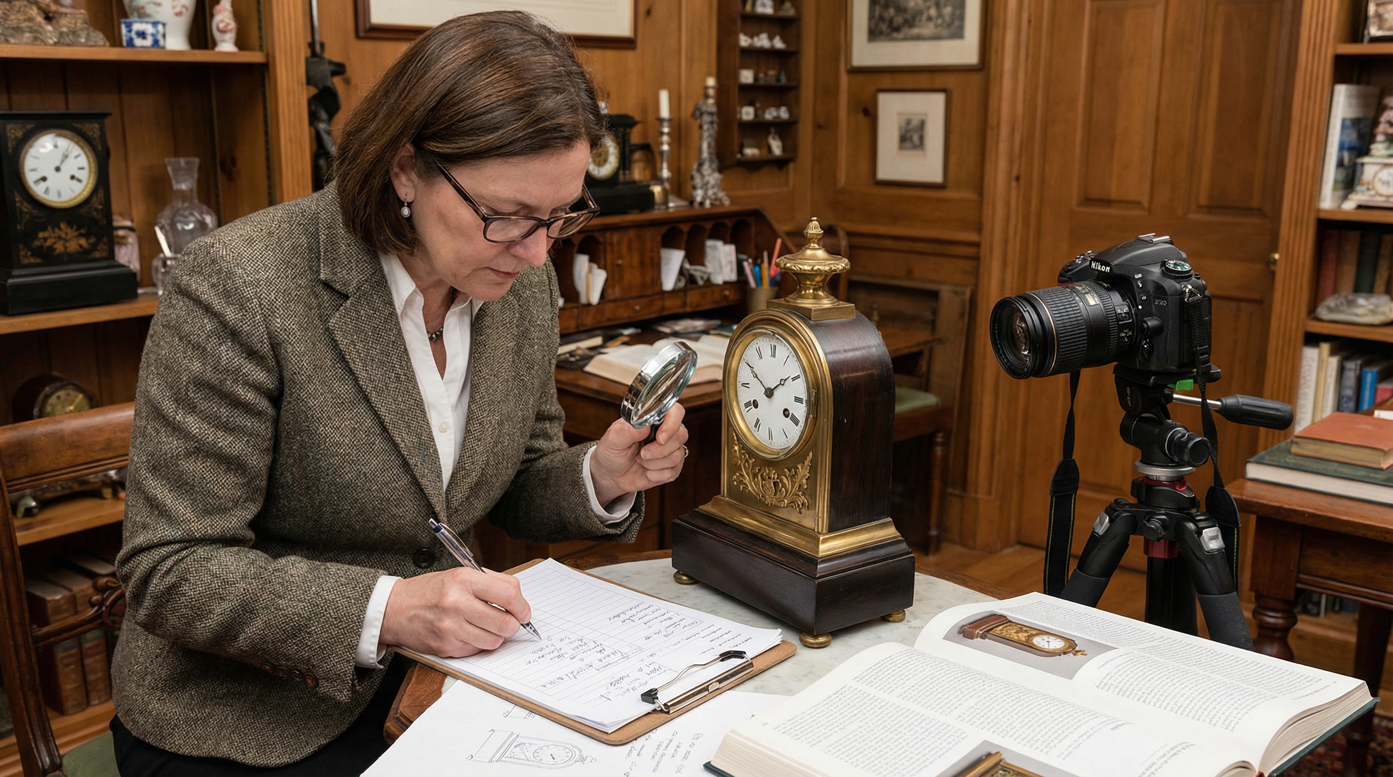 Professional appraiser documenting antique clock with detailed notes and camera
