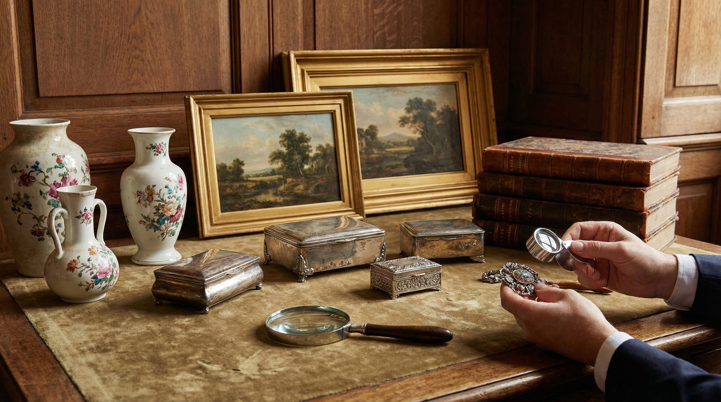 Vintage antique items arranged for appraisal including jewelry pottery and artwork