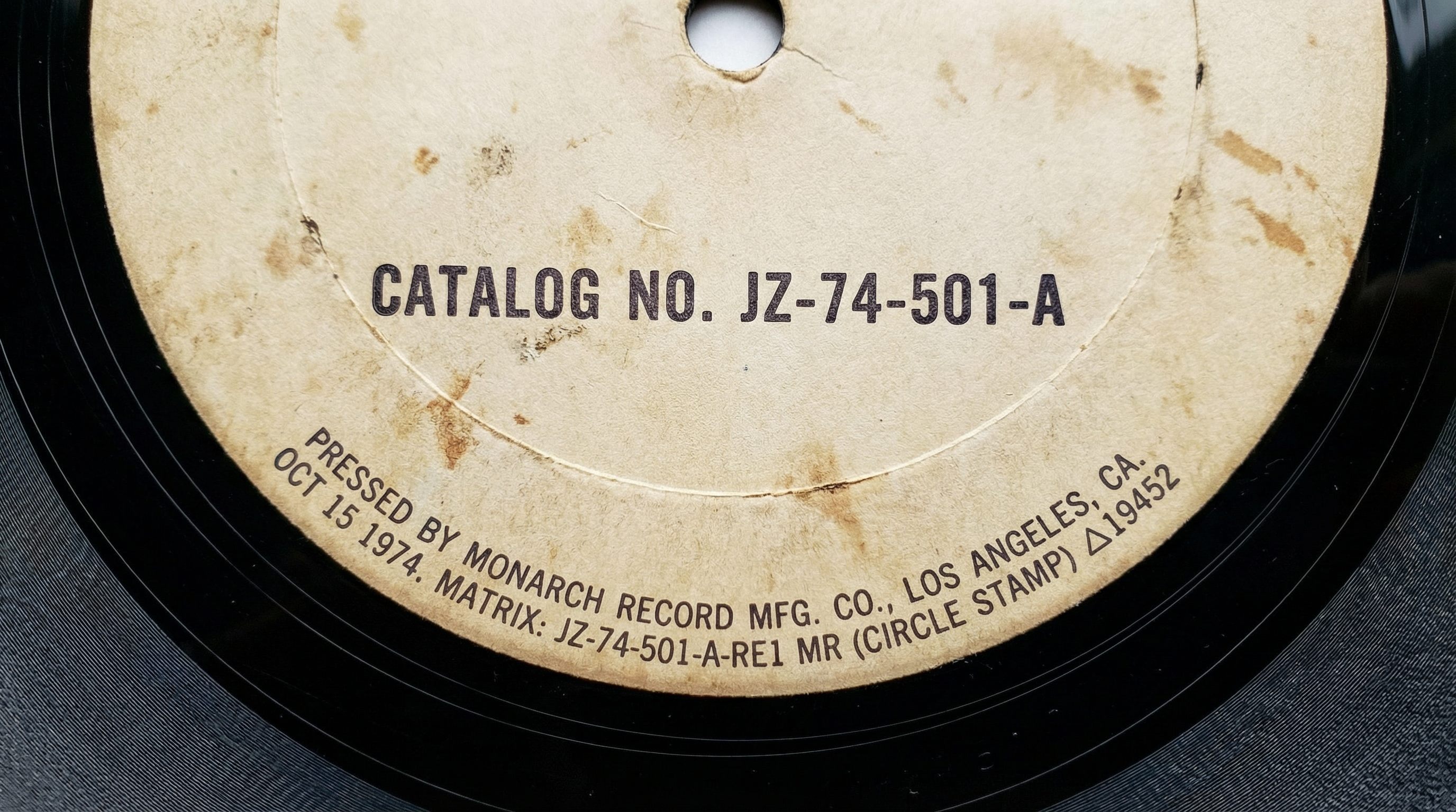 Close up of record label showing catalog number and pressing details
