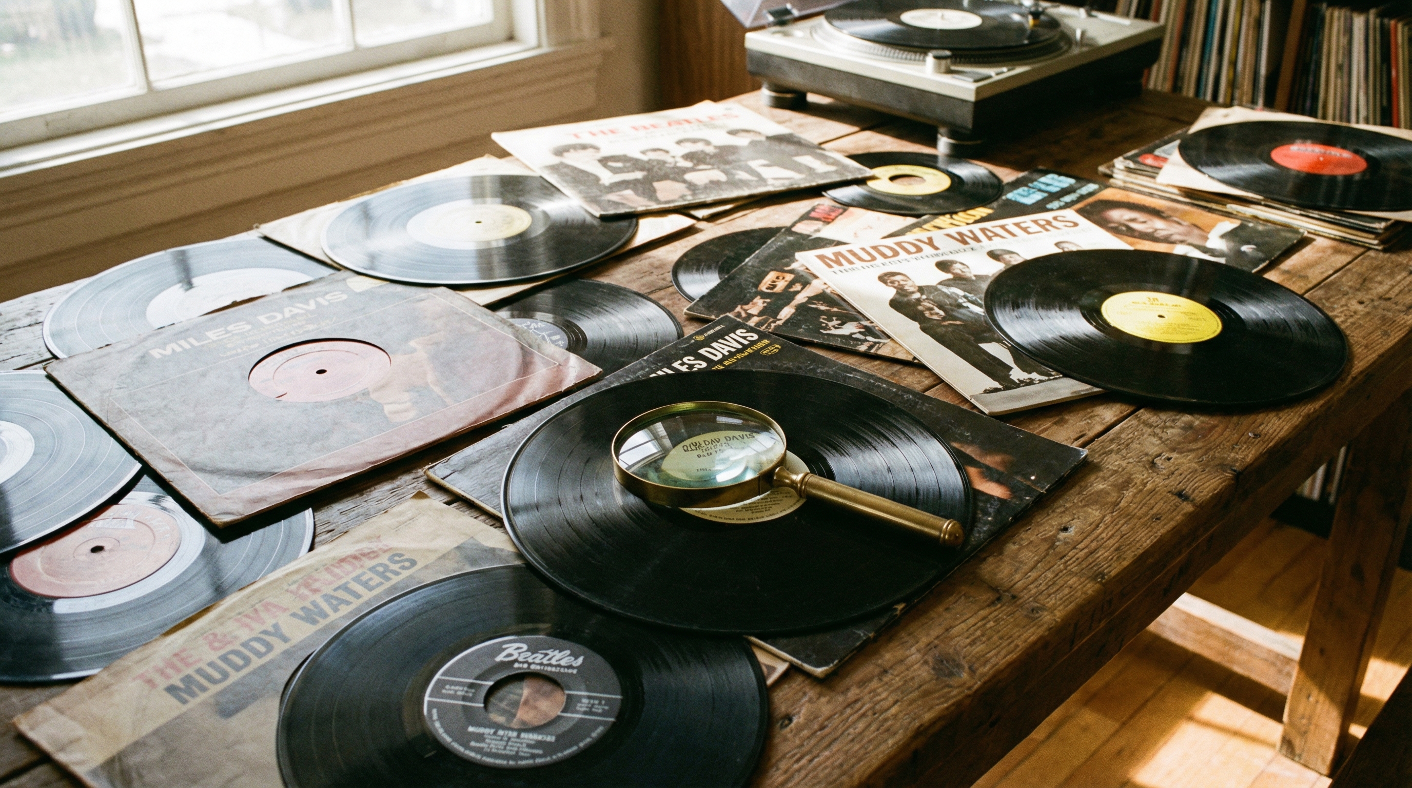 Vintage vinyl records collection scattered on wooden table with magnifying glass